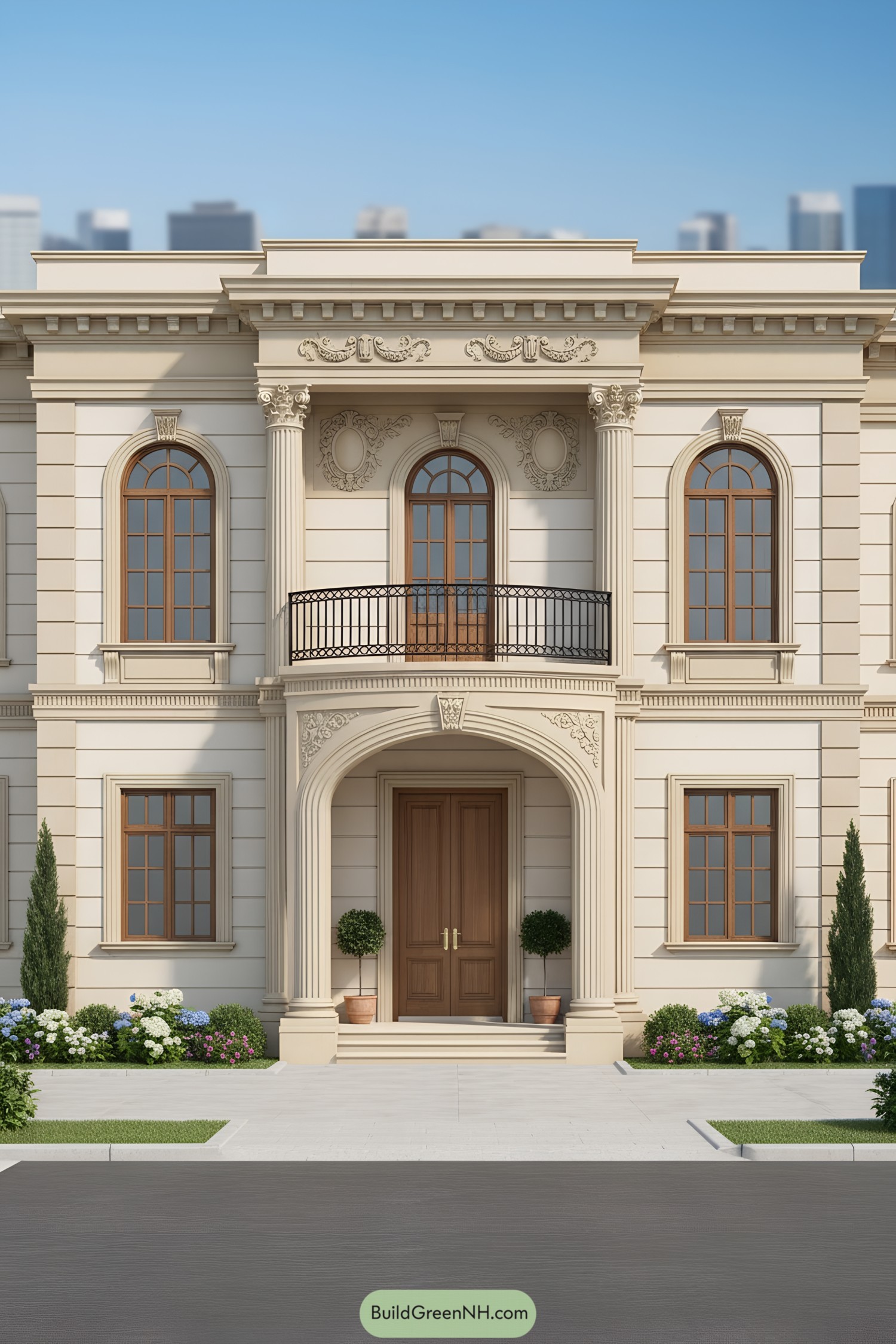 Symmetrical cream facade with arched windows, columns, and balcony