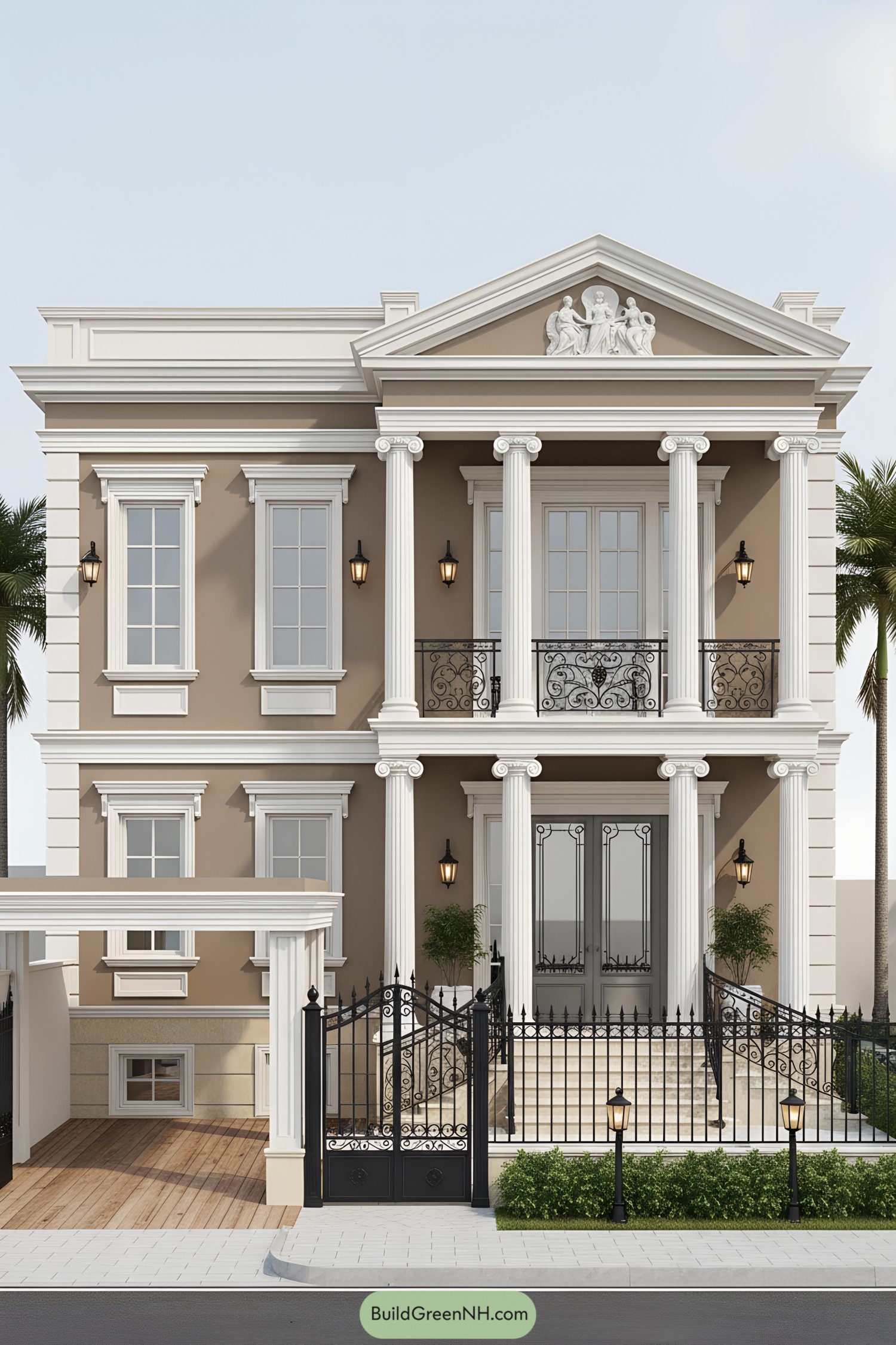 Two-story neoclassical facade with columns and balcony