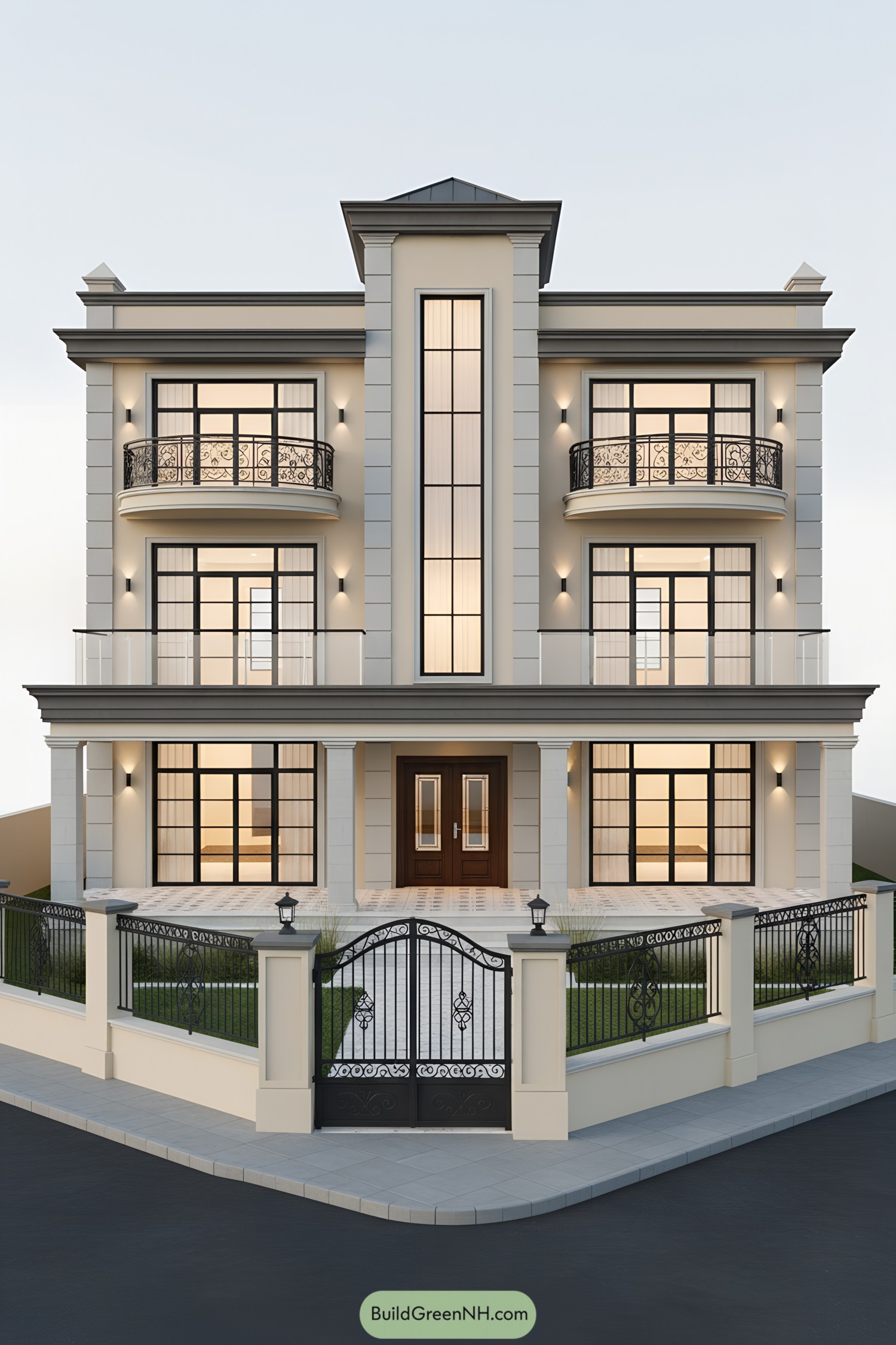 Three-story classical townhouse with central glass tower, curved iron balconies, and gated forecourt