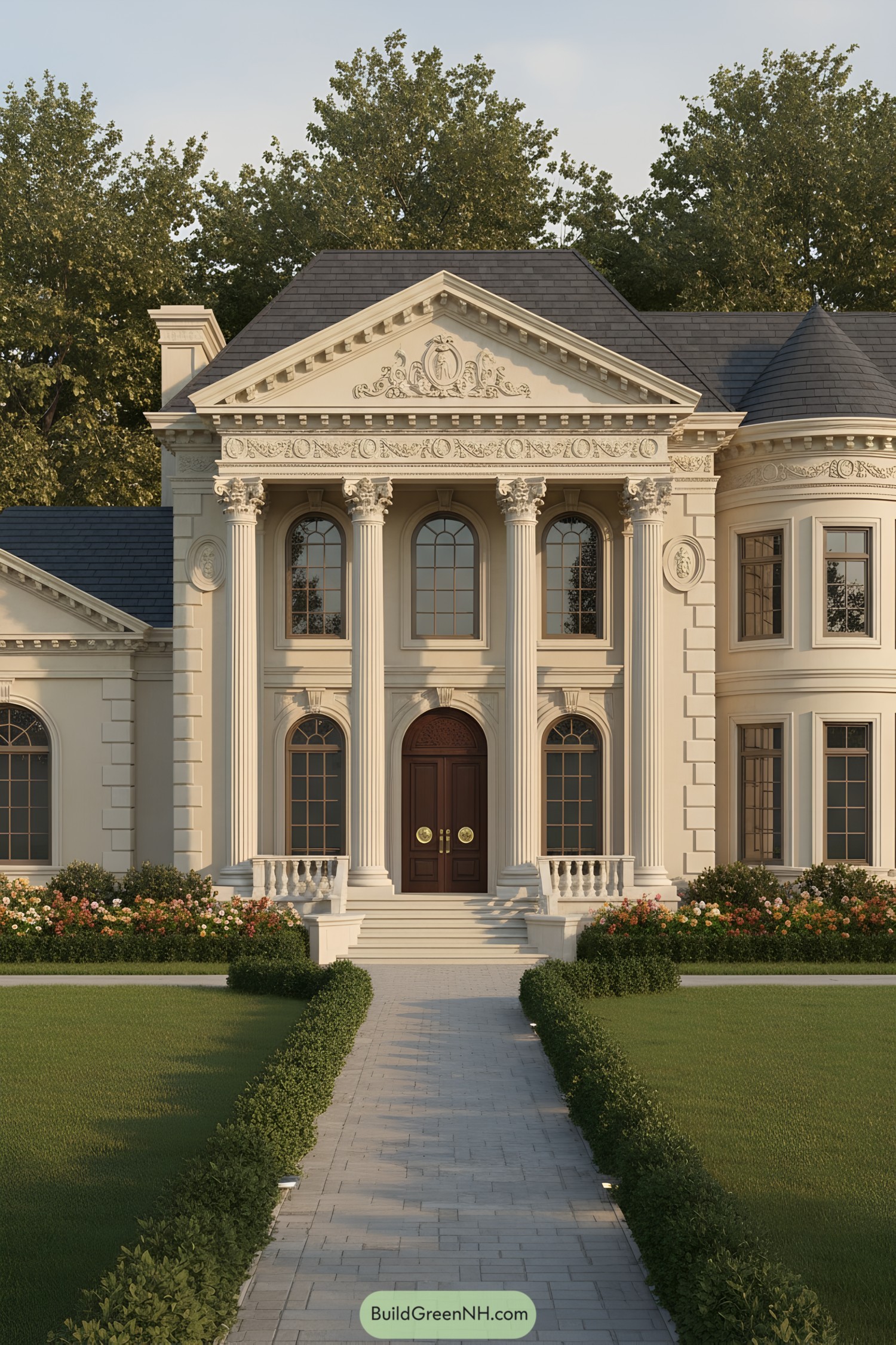 Symmetrical mansion with ornate pediment and columns