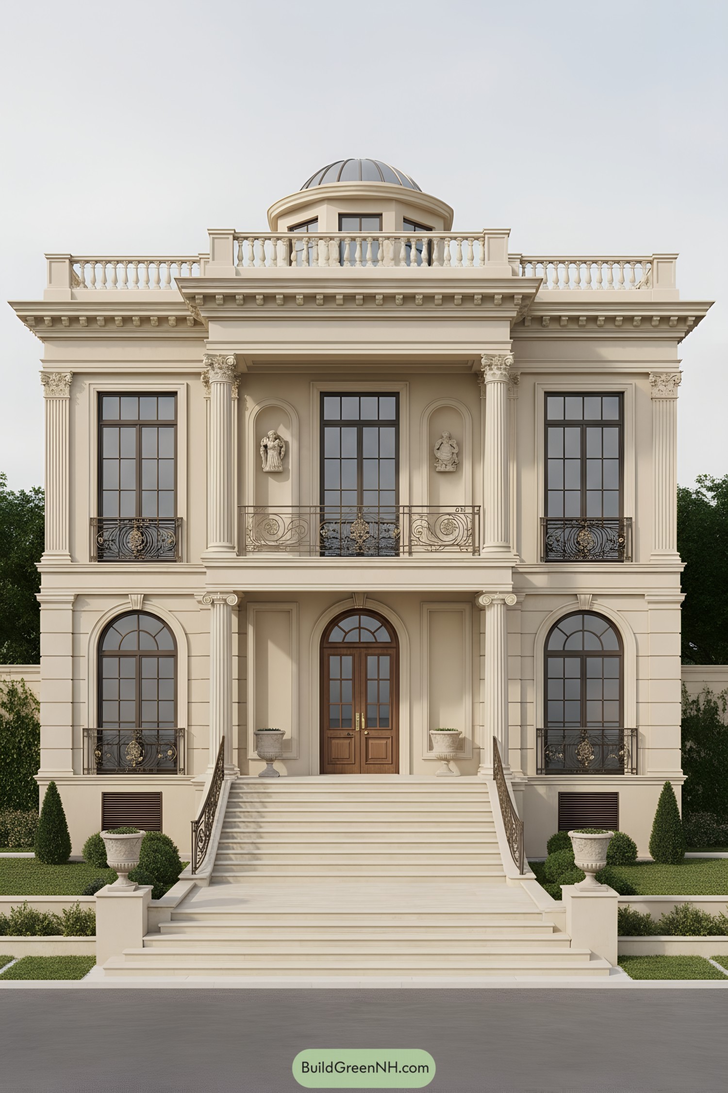 Symmetrical limestone facade with cupola and grand stair