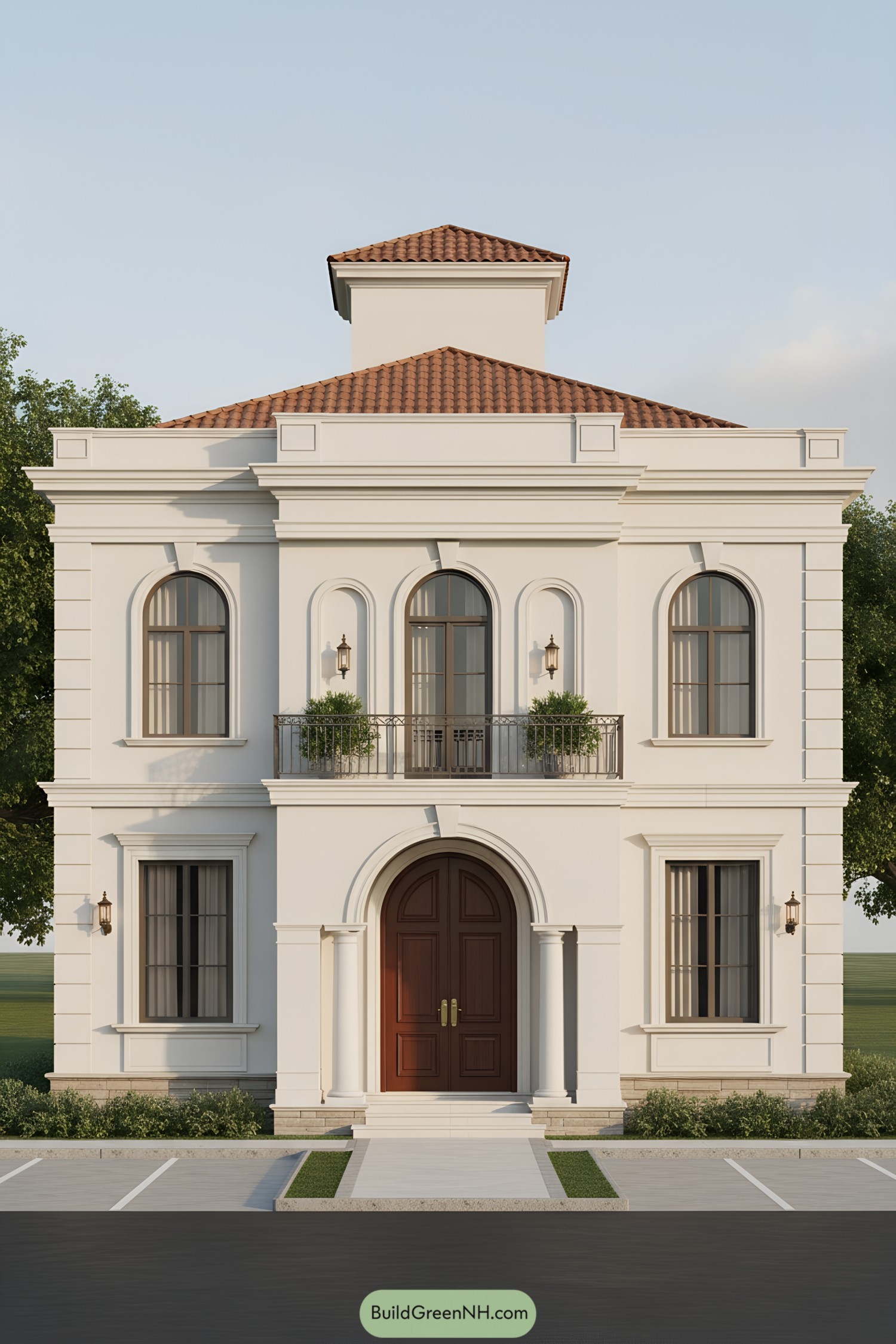 Symmetrical stucco villa with arched windows, balcony, and terracotta hipped roof crowned by a cupola