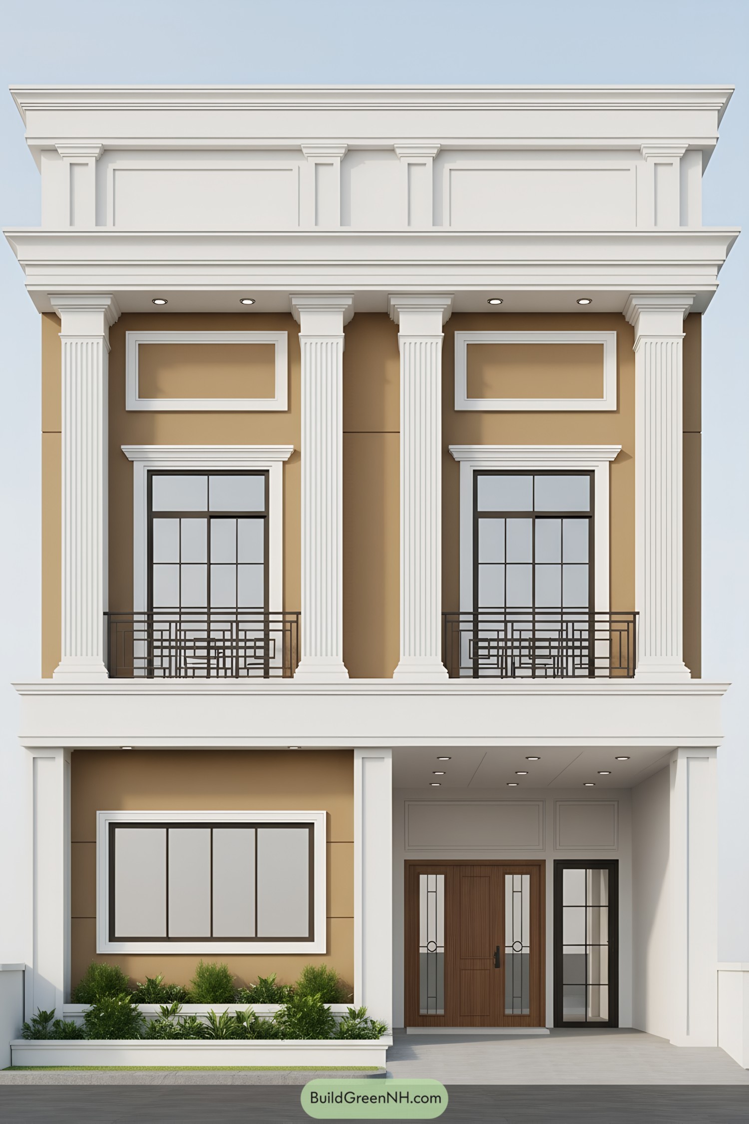 Two-story townhouse with four fluted columns and iron balcony railings