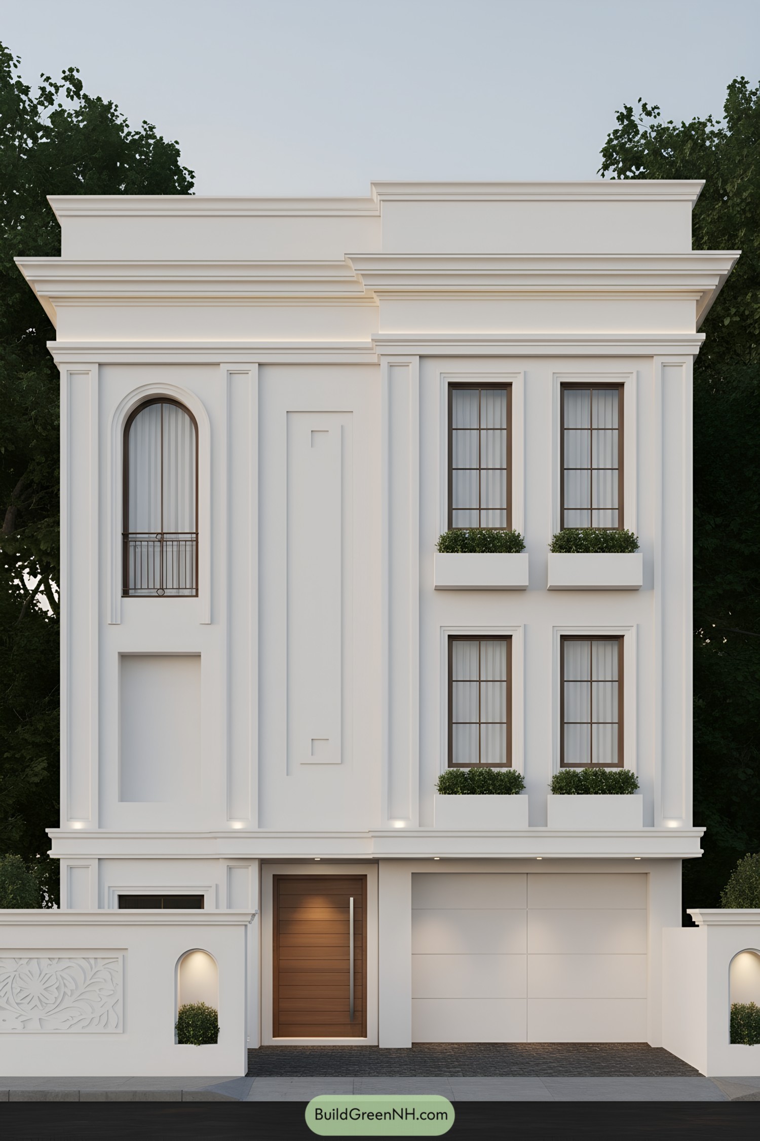 White neoclassical townhouse facade with tall cornices, arched niche, and grid windows over planters
