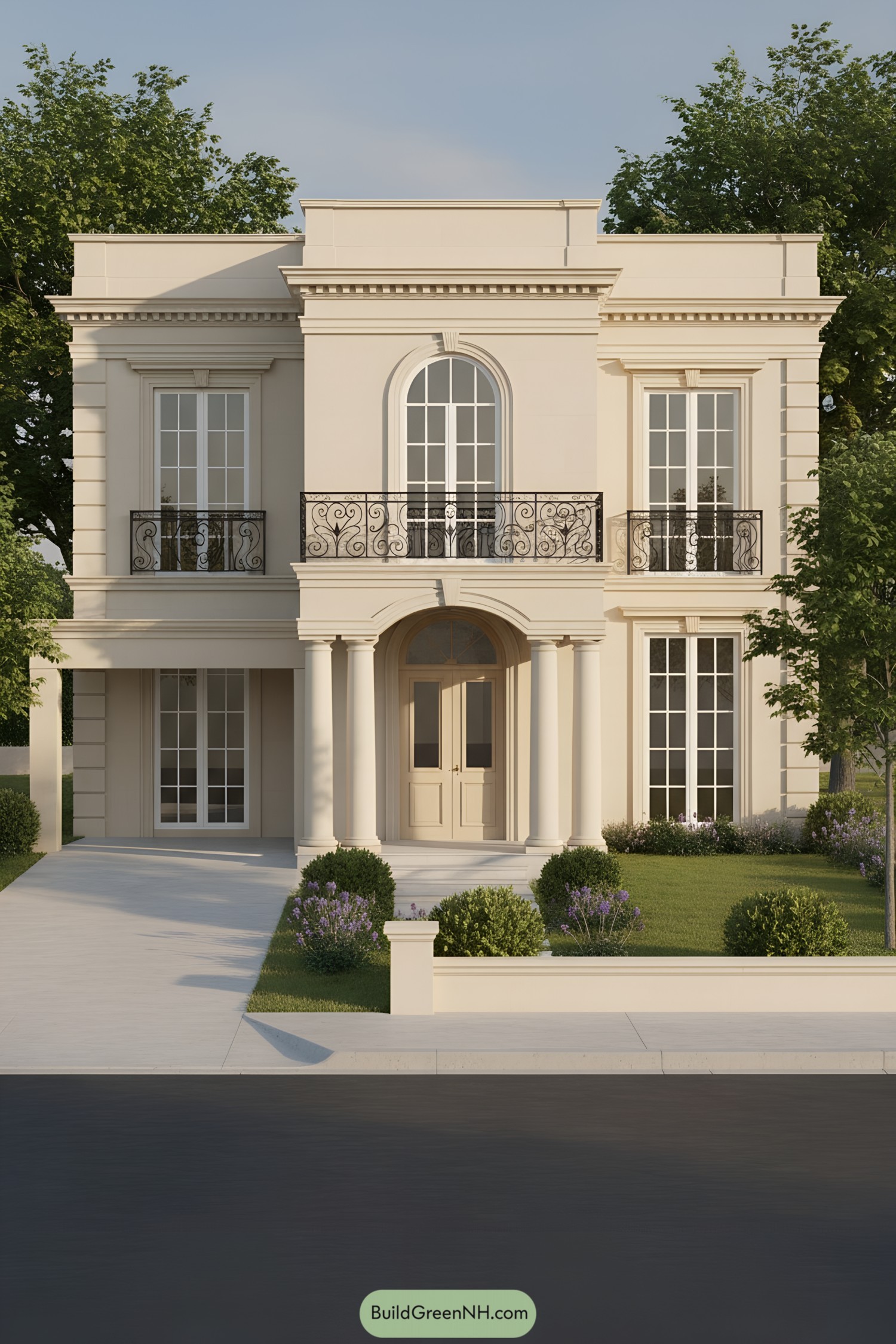 Cream-stone facade with arched balcony and columns