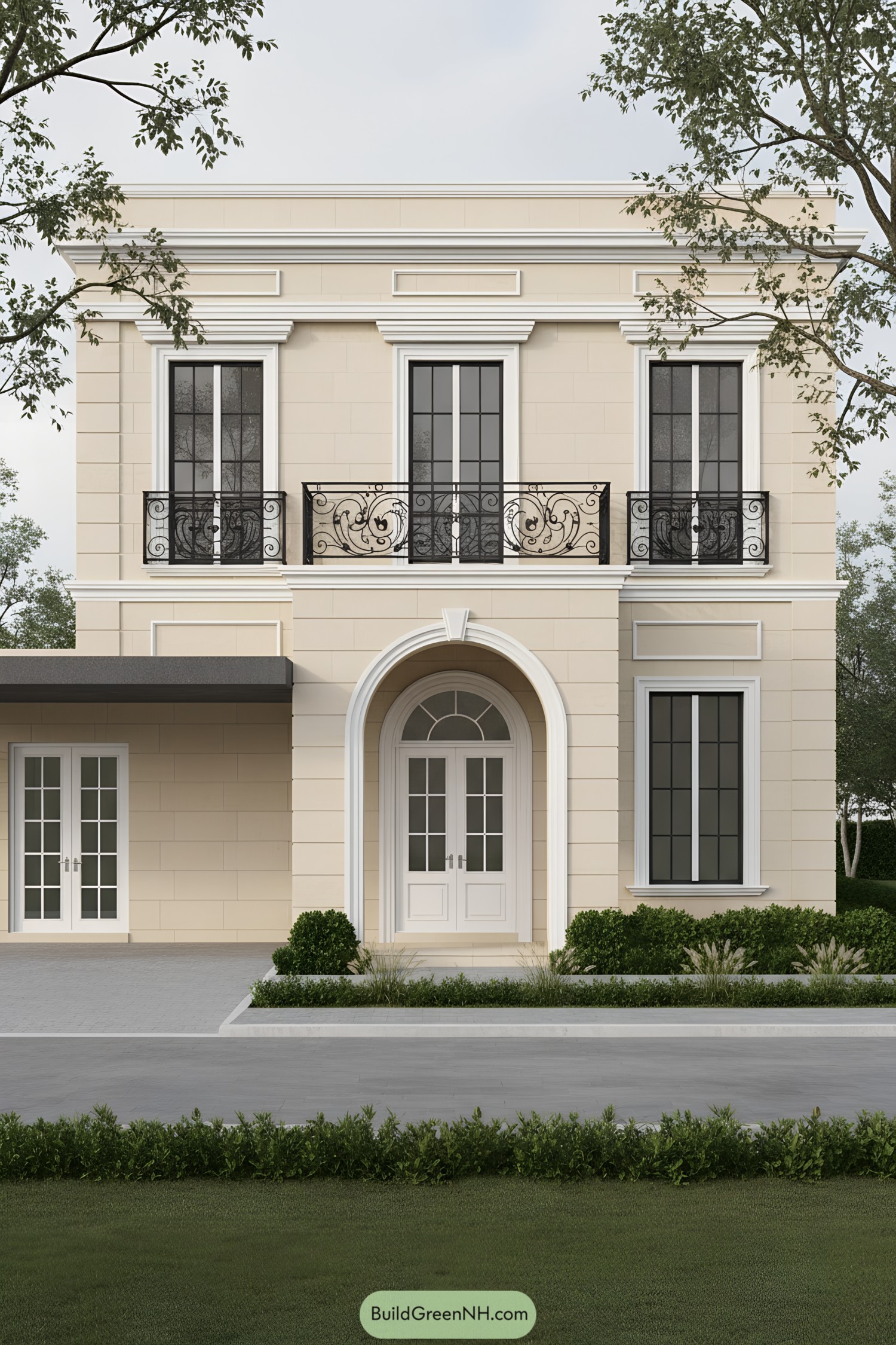 Cream-stone townhouse with arched entry and wrought-iron balcony