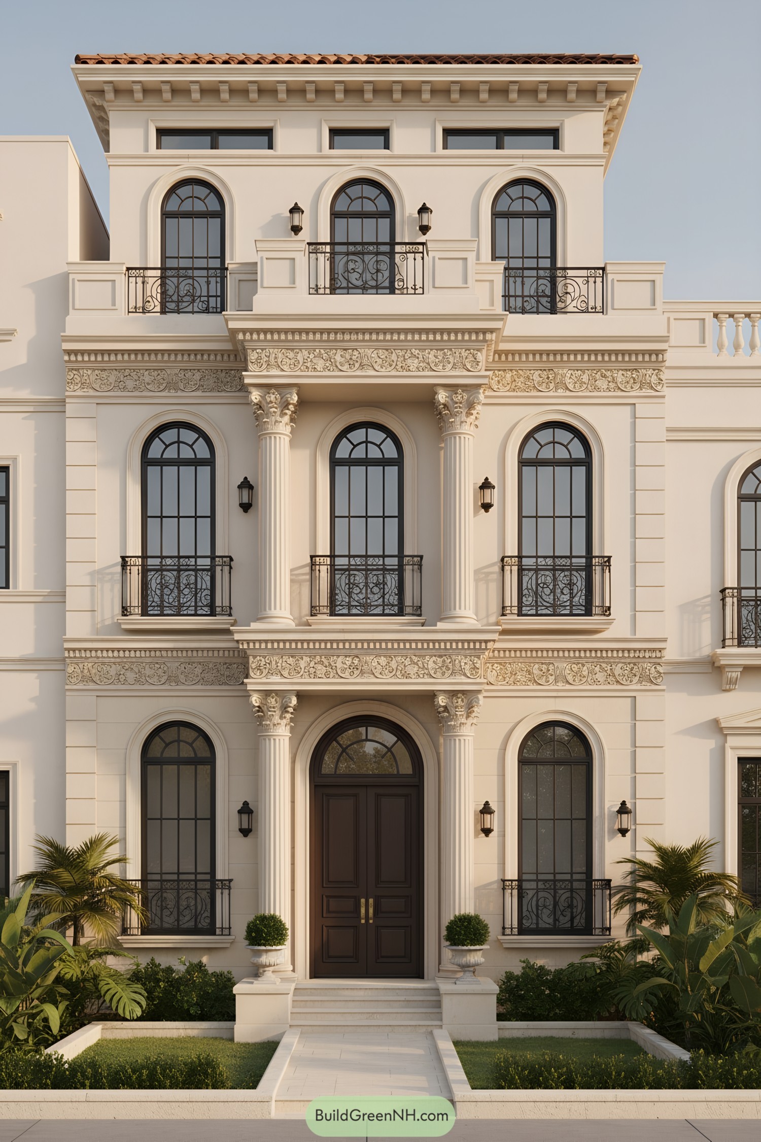 Elegant stucco townhouse with arched windows and Corinthian columns