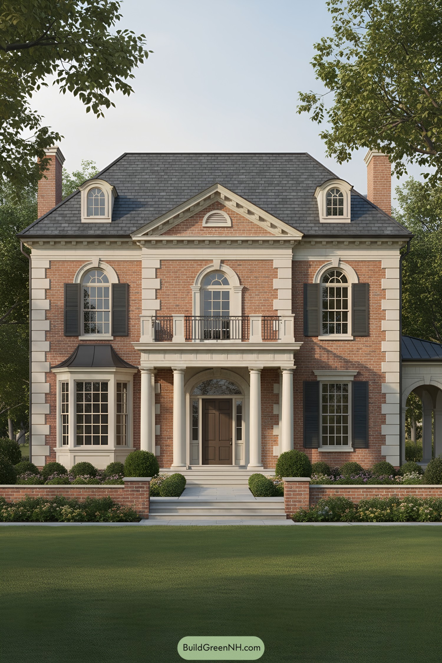 Symmetrical brick facade with classical detailing