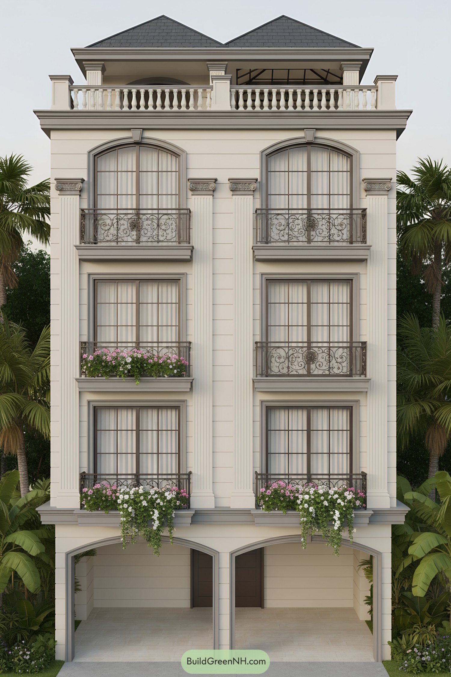 Four-story neoclassical house with balconies