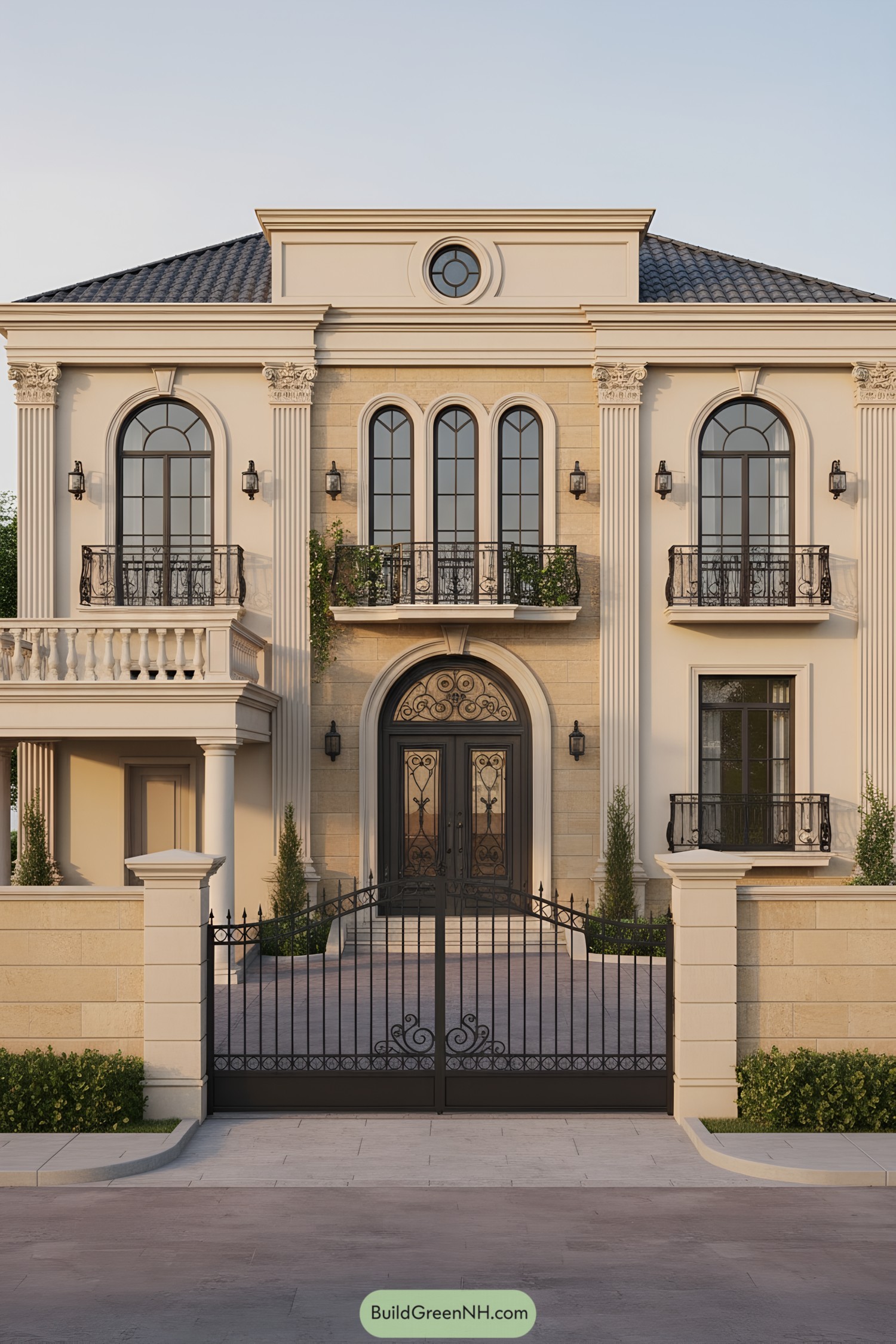 Elegant neoclassical facade with iron balconies