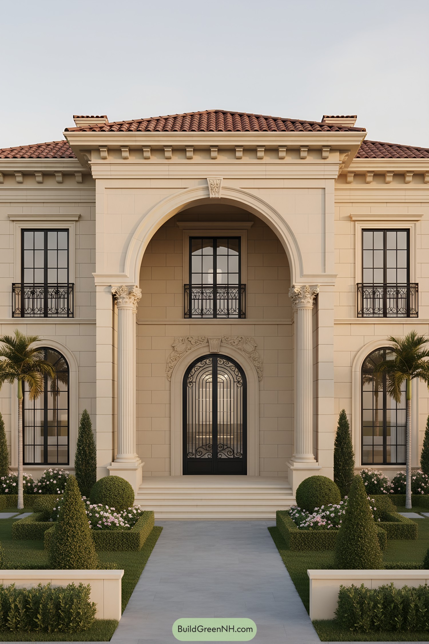 Grand arched portico with columns and ironwork door