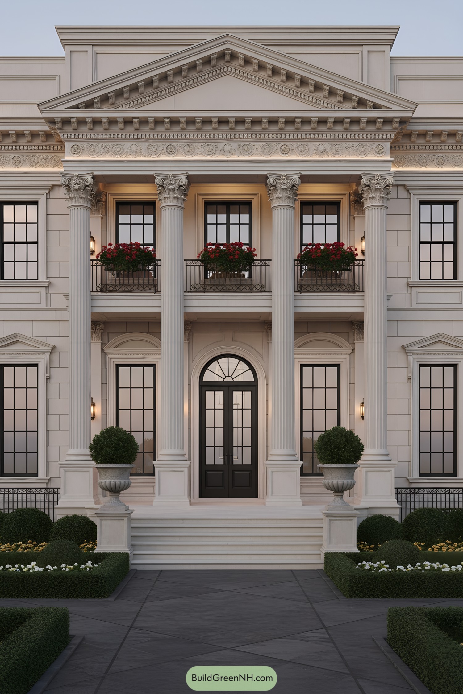 Symmetrical neoclassical facade with Corinthian columns, pediment, iron balconies, and formal garden