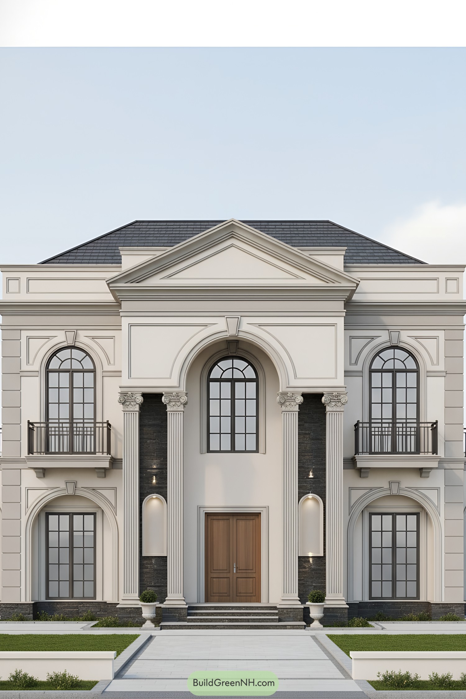Symmetrical neoclassical facade with arched portico and columns