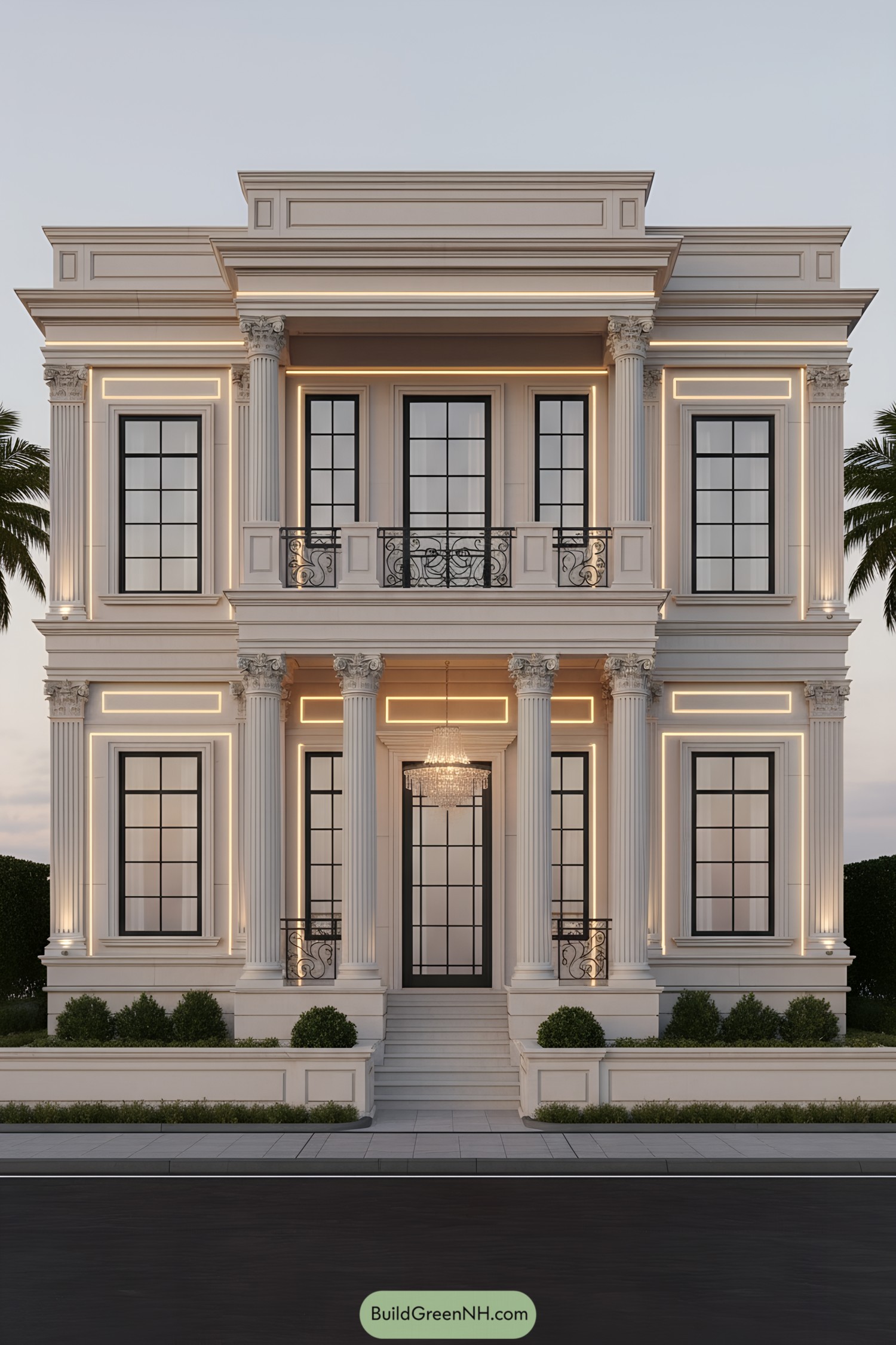 Neoclassical townhouse with lit pilasters and ironwork