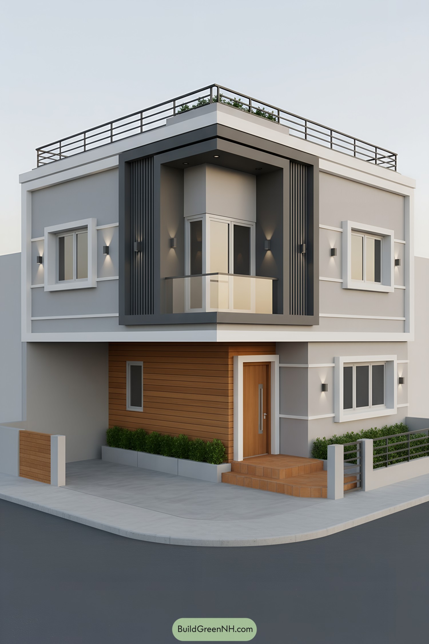 Modern corner house with balcony and rooftop