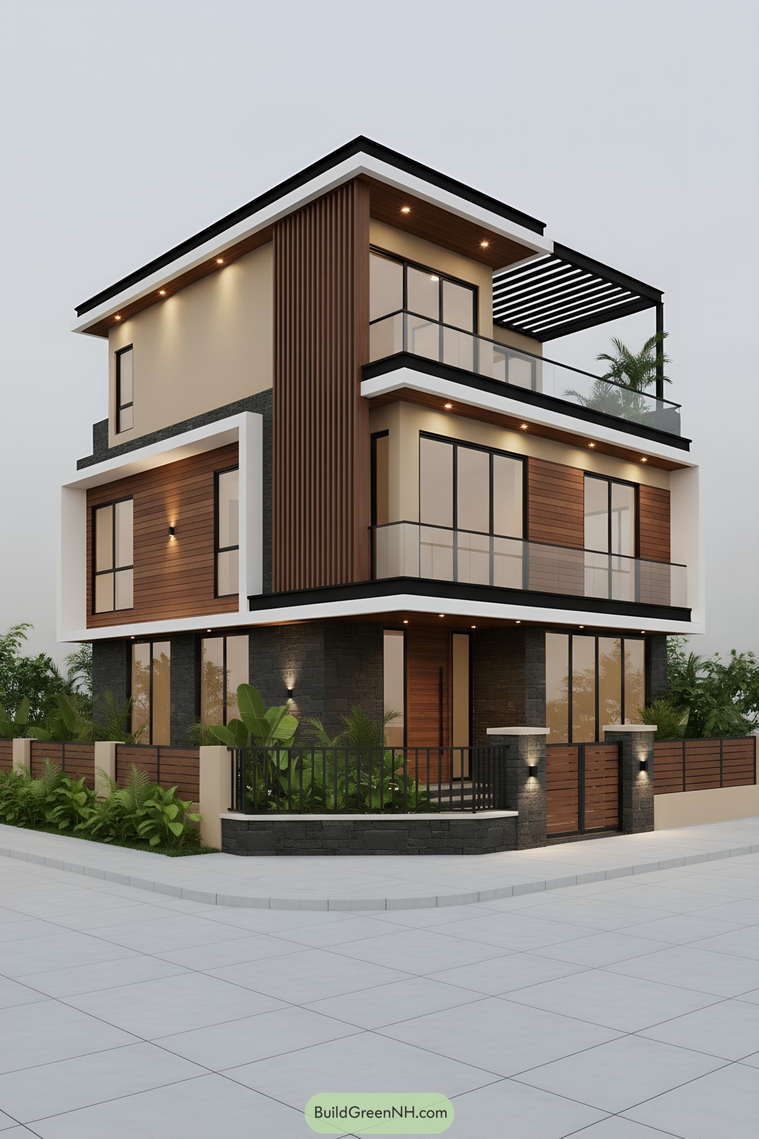 Three-story corner house with wood slats, glass railings, and rooftop pergola