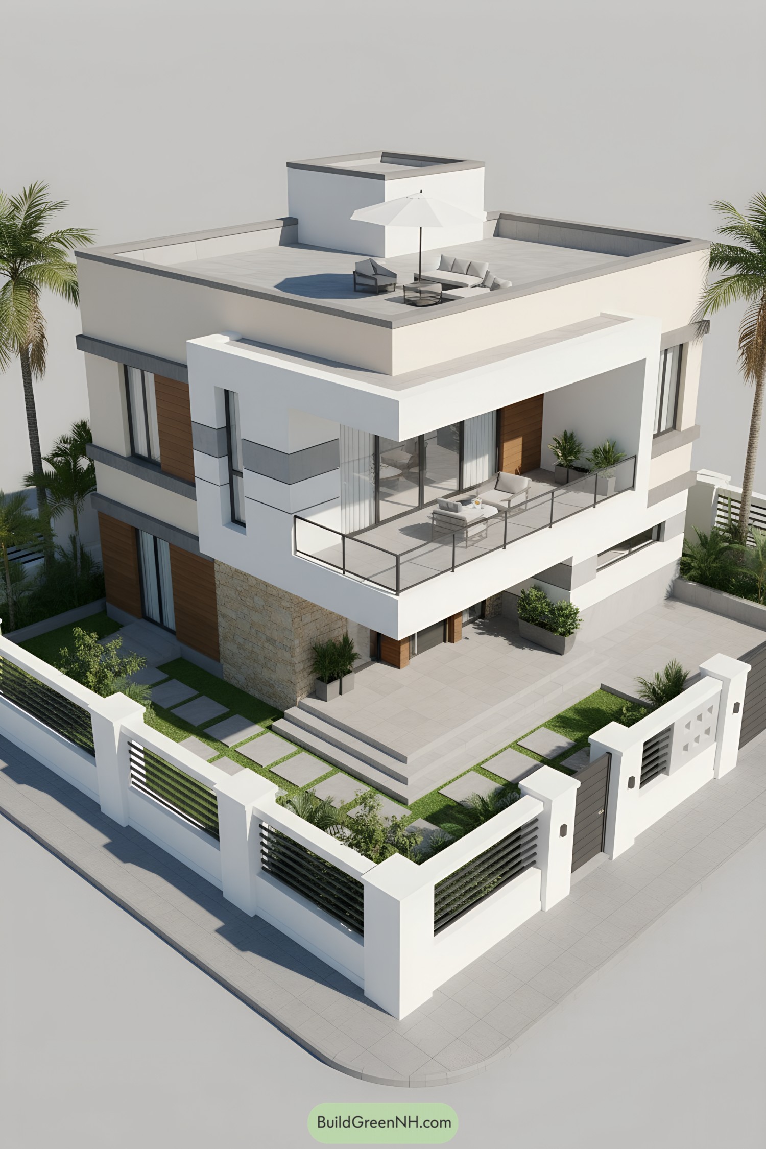 Modern corner home with wraparound terrace