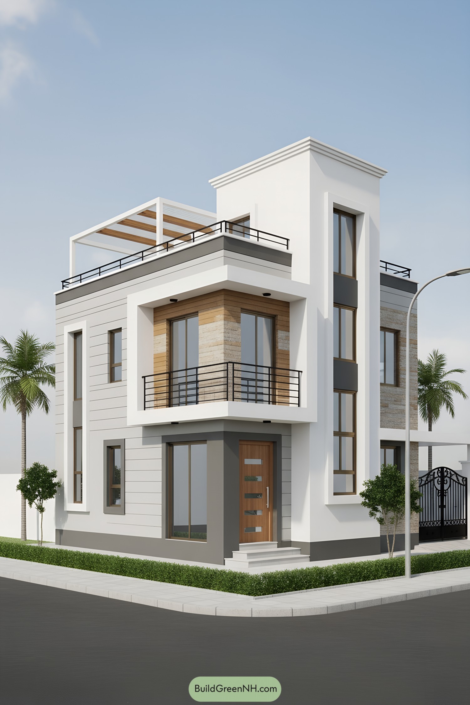 Modern corner house with layered facades and rooftop pergola