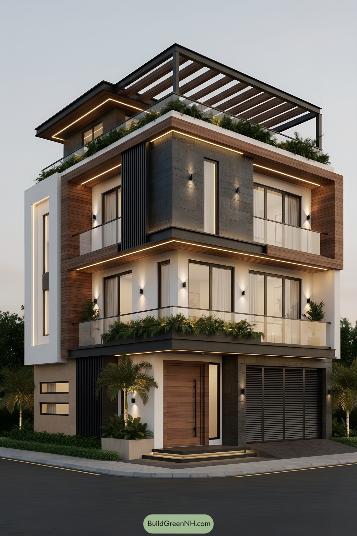 Modern corner house with layered volumes, glass balconies, wood accents, and rooftop pergola