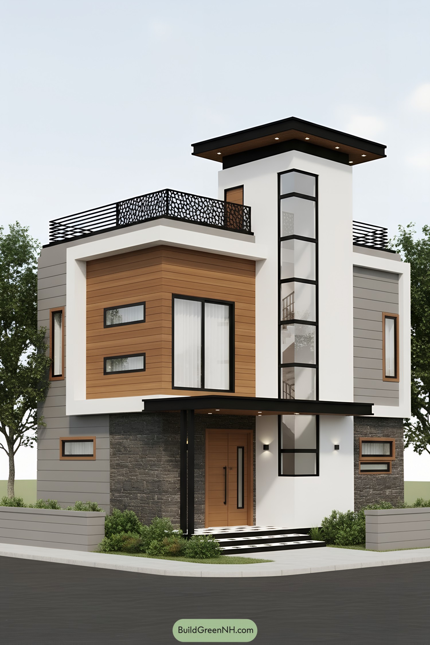Modern corner house with stacked forms, wood cladding, and rooftop terraces