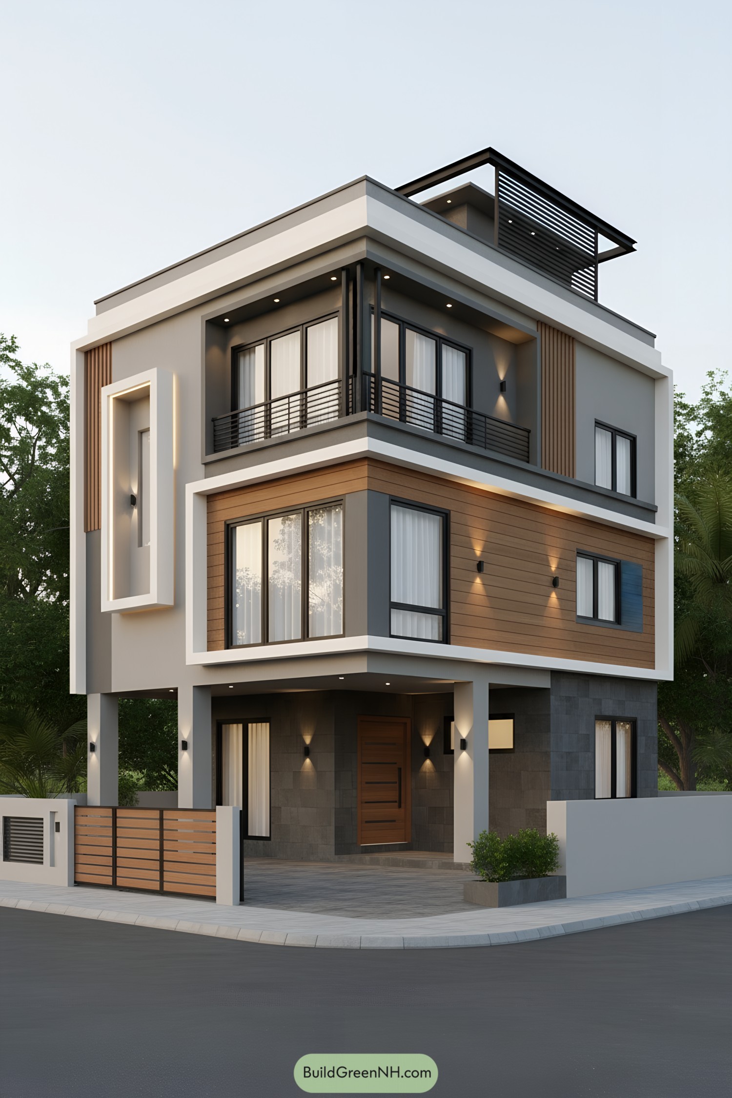 Three-story modern corner house with layered volumes and mixed materials