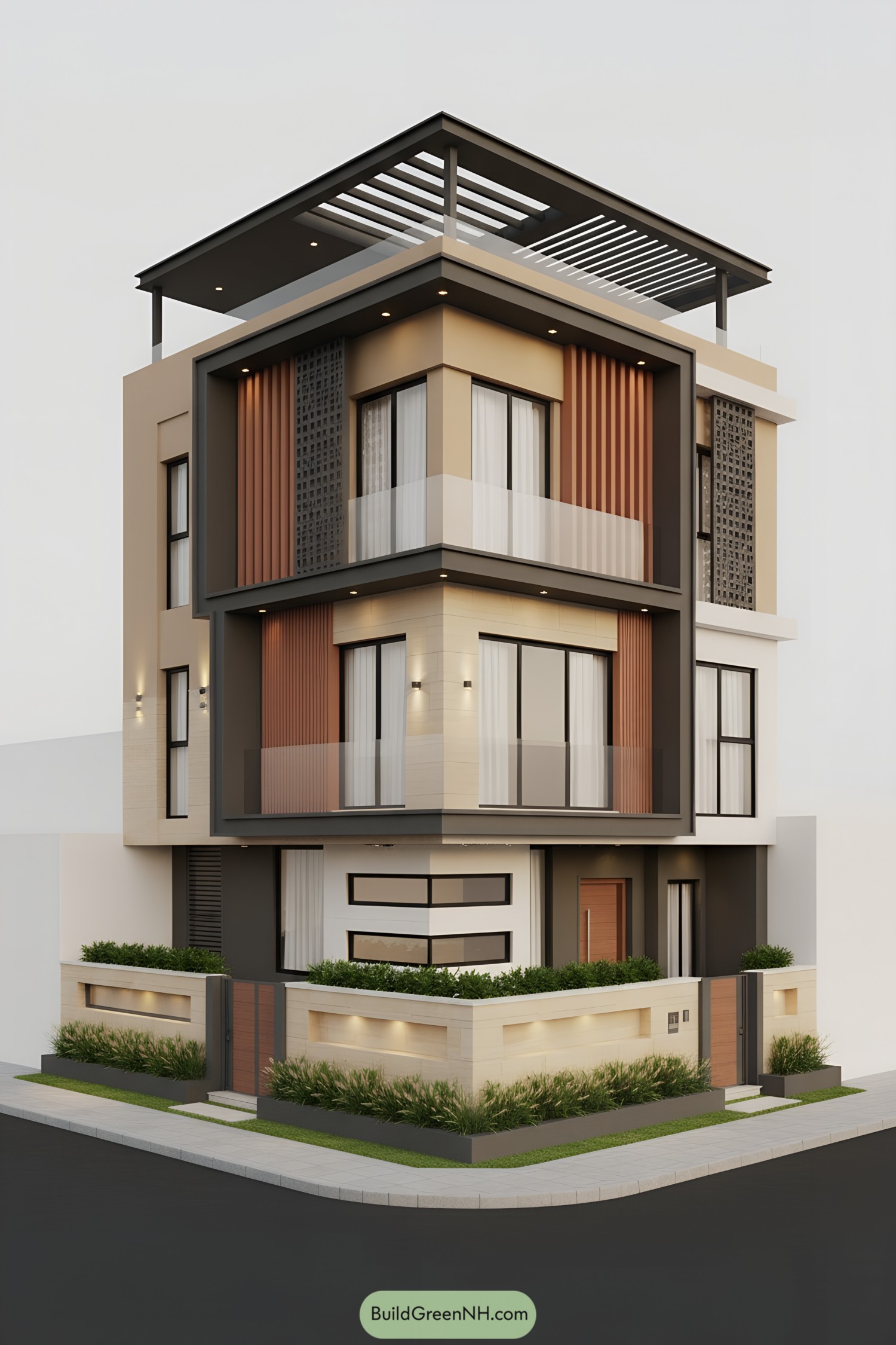 Modern corner townhouse with layered facade, glass balconies, and a pergola roof