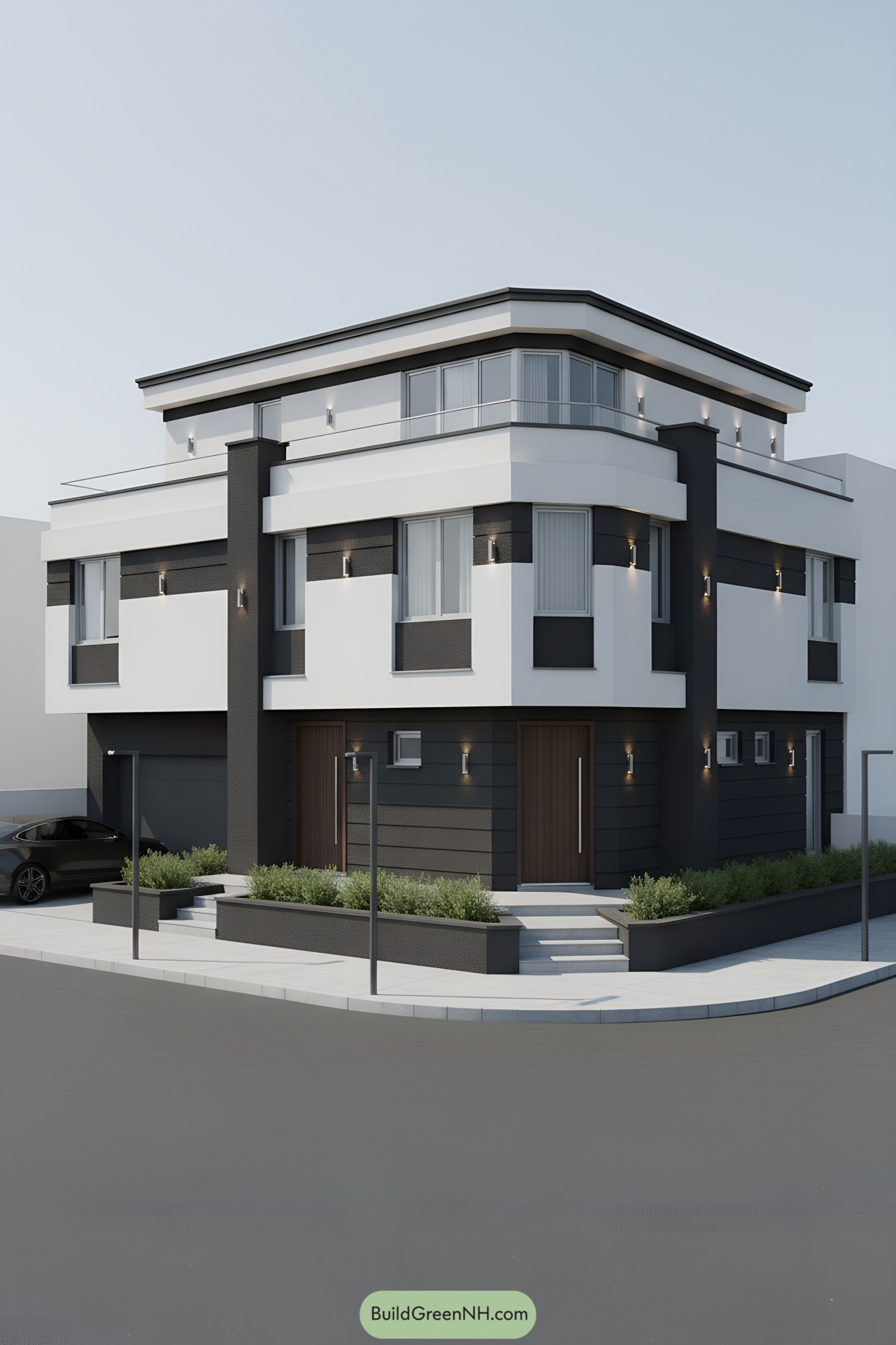 Modern black-and-white corner house with tiered bands and wraparound glazing
