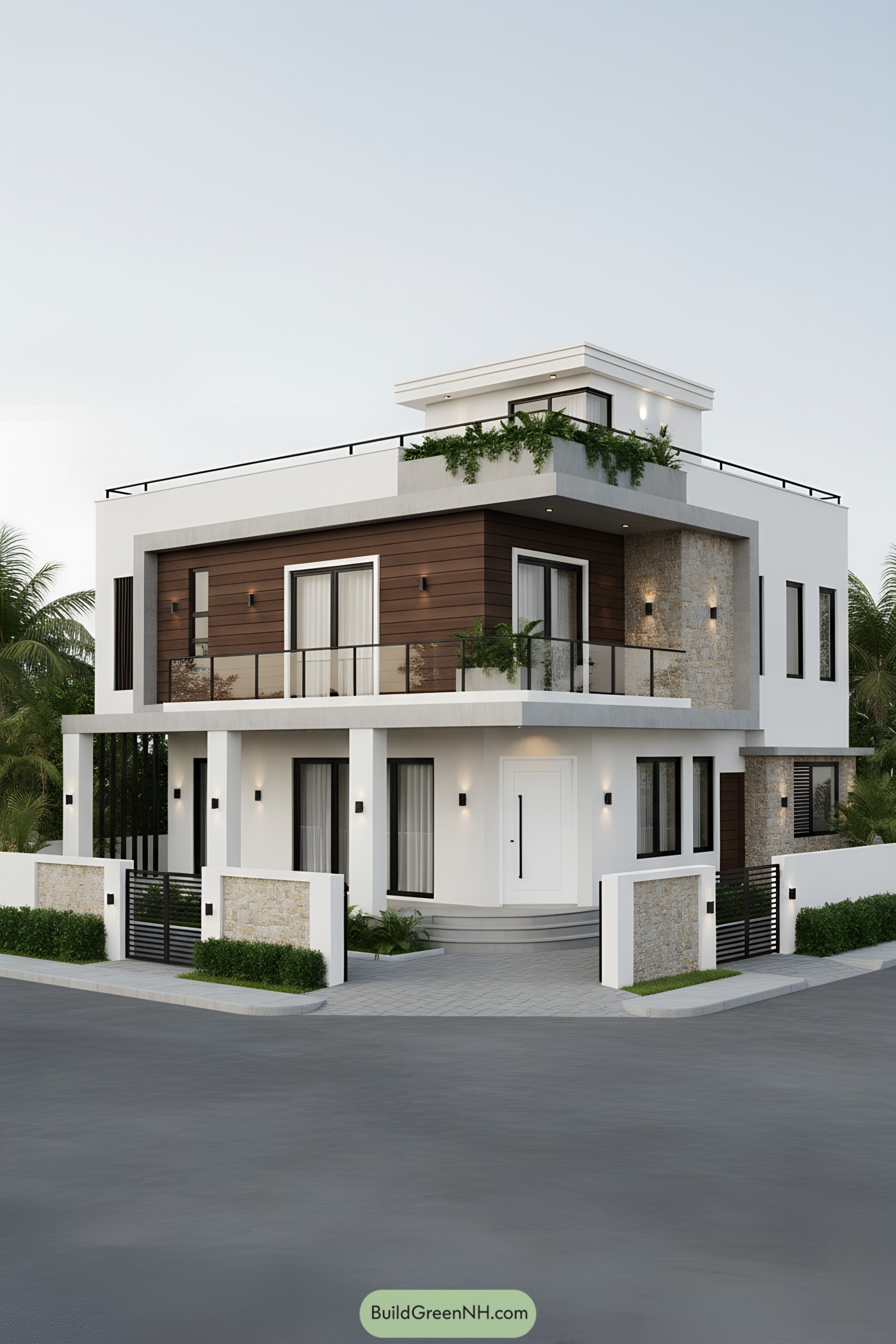 Modern corner home with terraces and wood accents