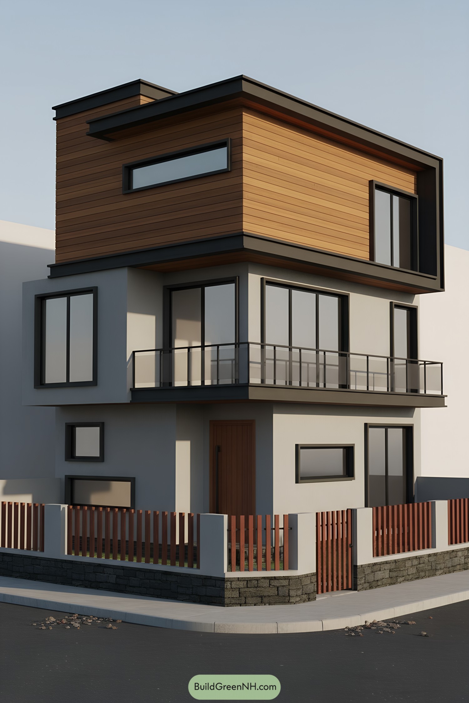 Modern corner house with cedar-clad top volume, glass balcony, and clean lines