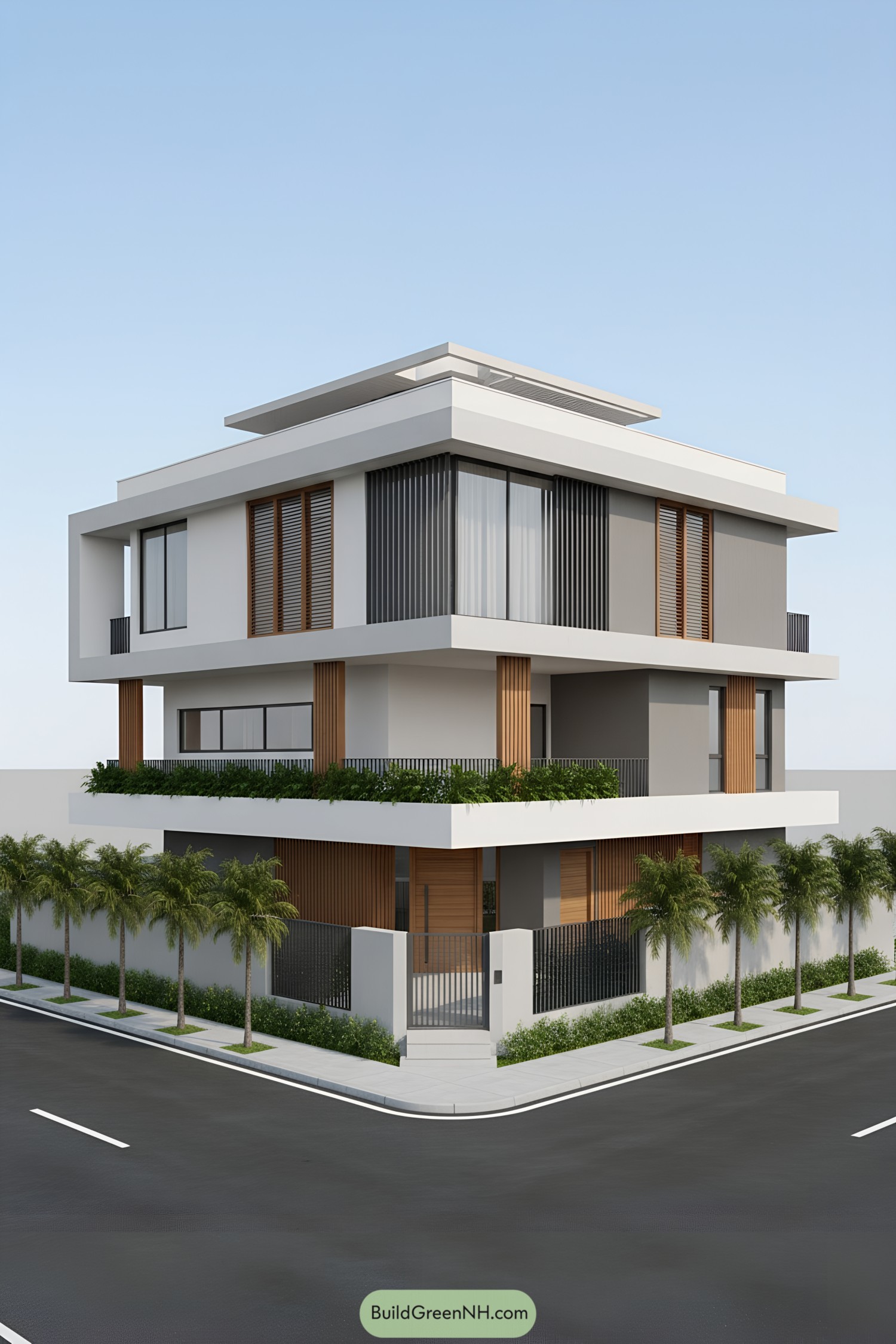 Modern corner house with layered terraces and slatted facades