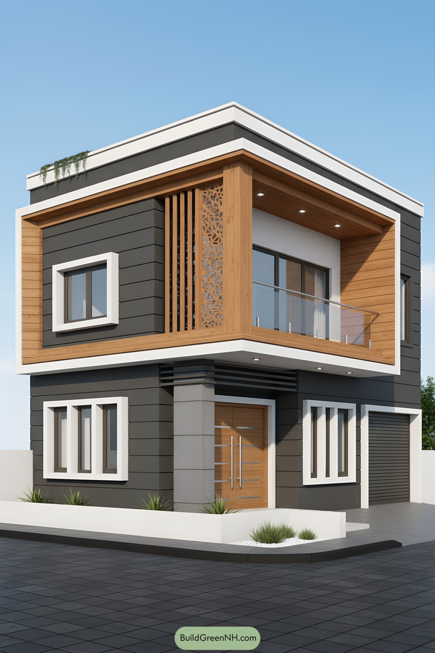 Modern corner house with wood accents