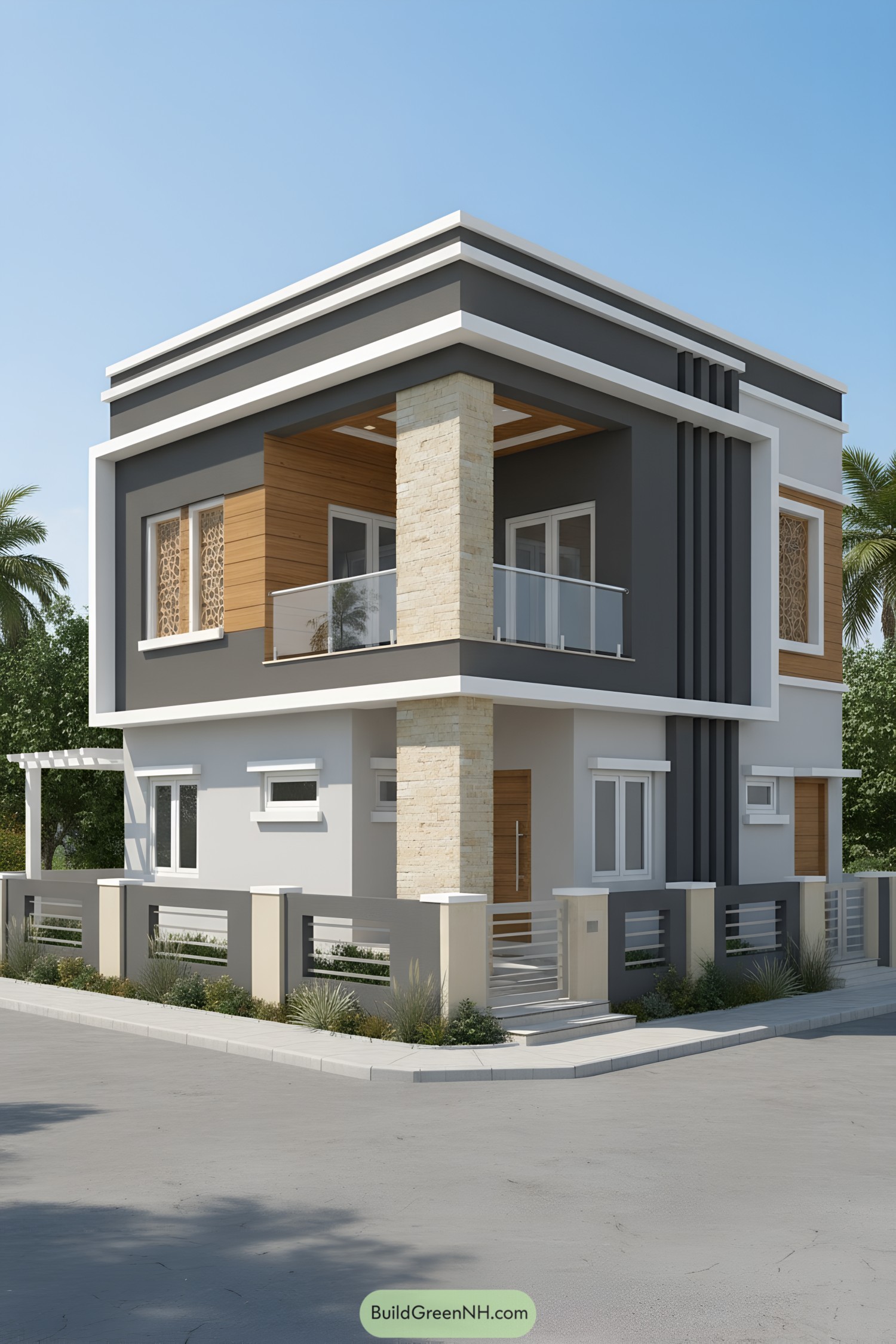 Two-story corner house with cube forms, stone column, and glass balcony