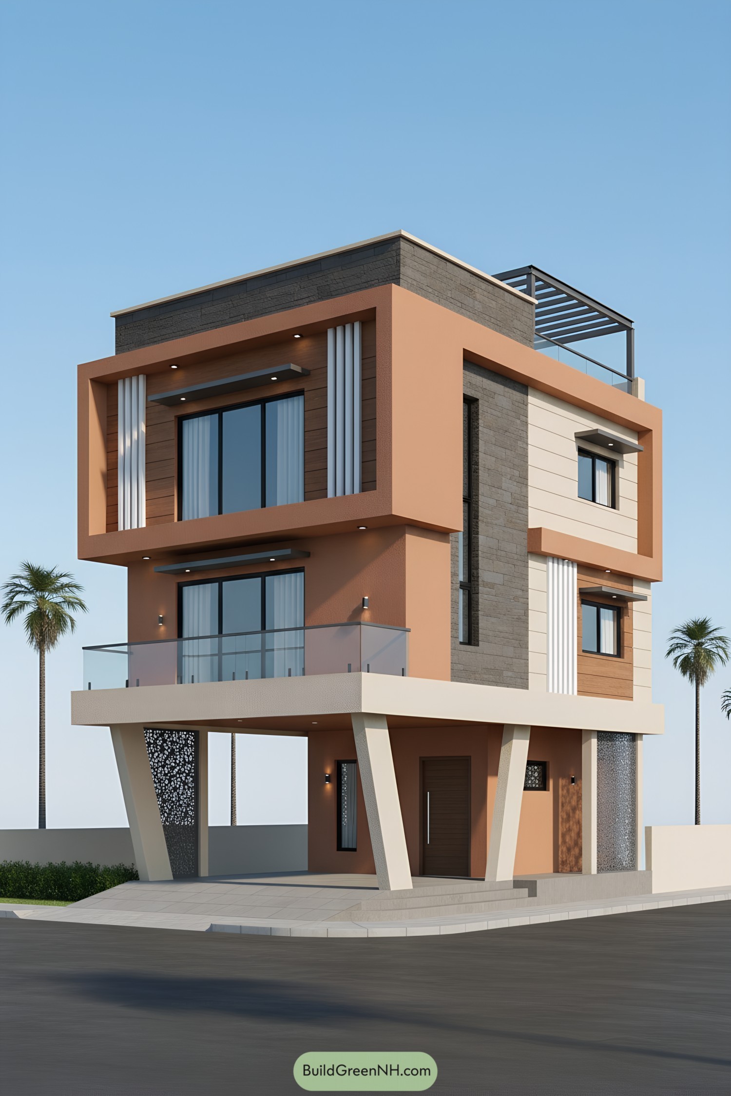 Two-story modern corner house on stilts with glass balcony and layered cladding