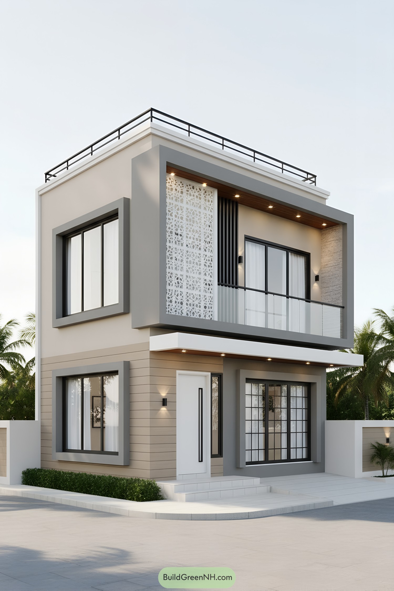 Modern two-story corner house with patterned screen and balcony