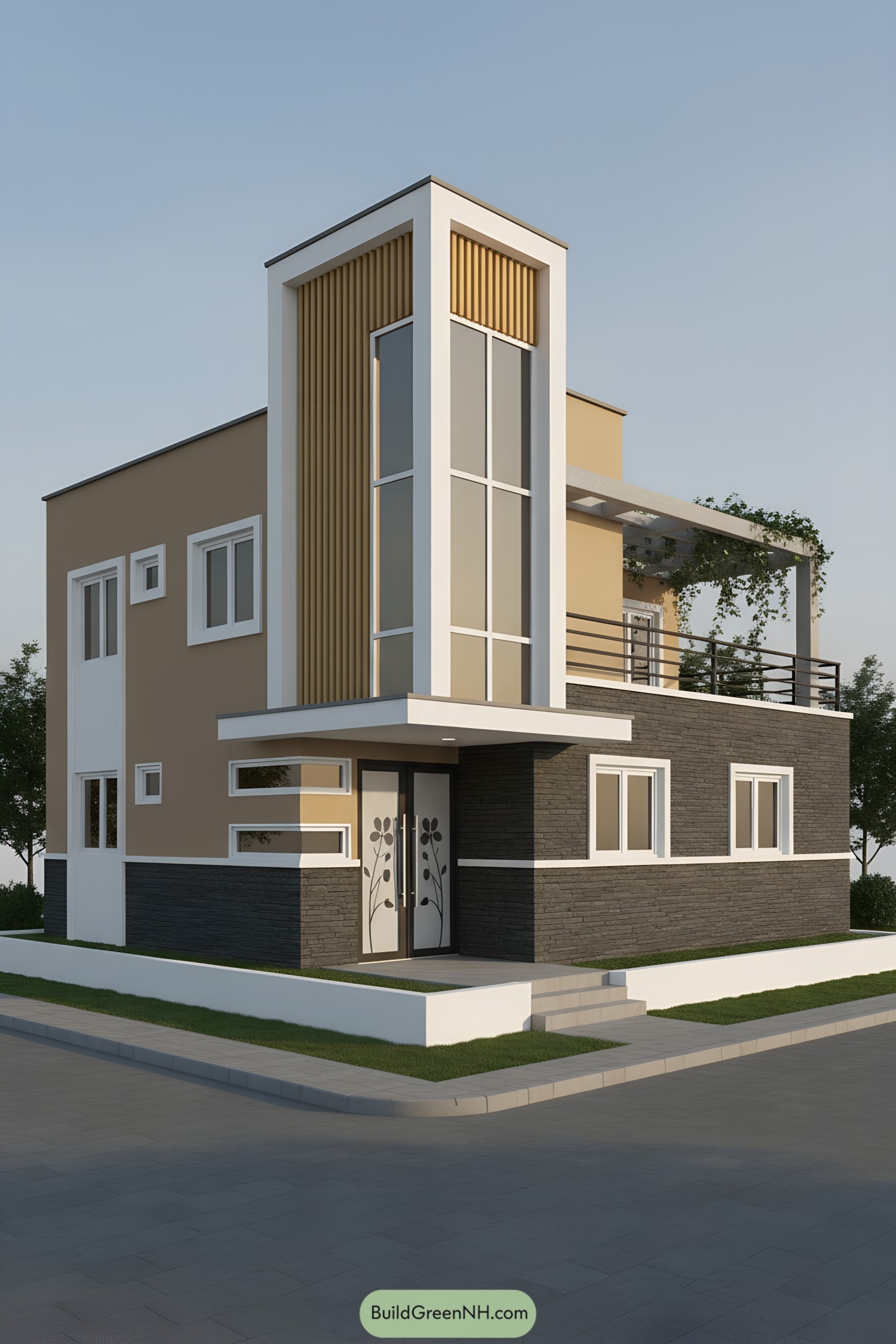 Modern corner house with tower, terrace pergola