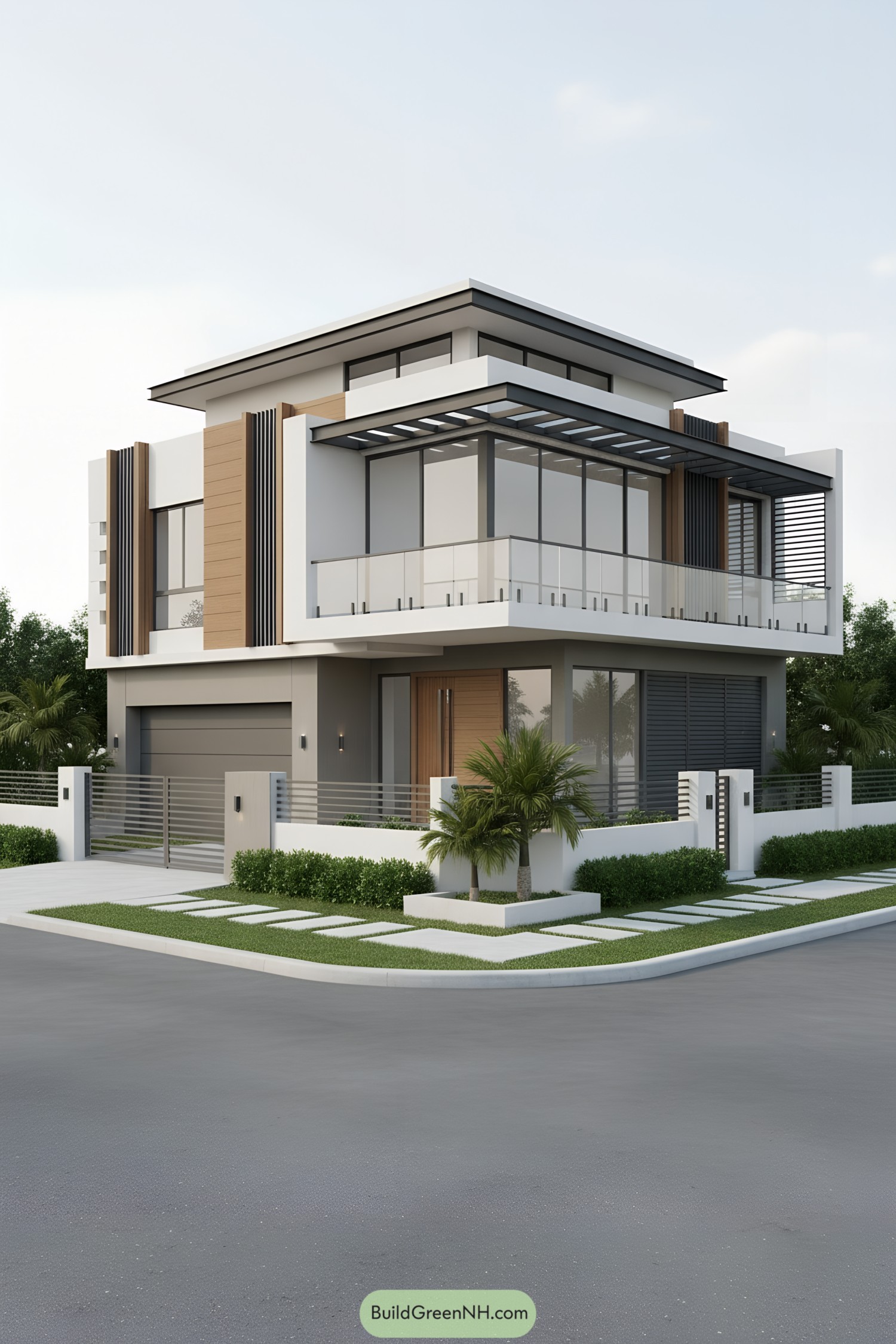 Modern corner house with glassy terraces