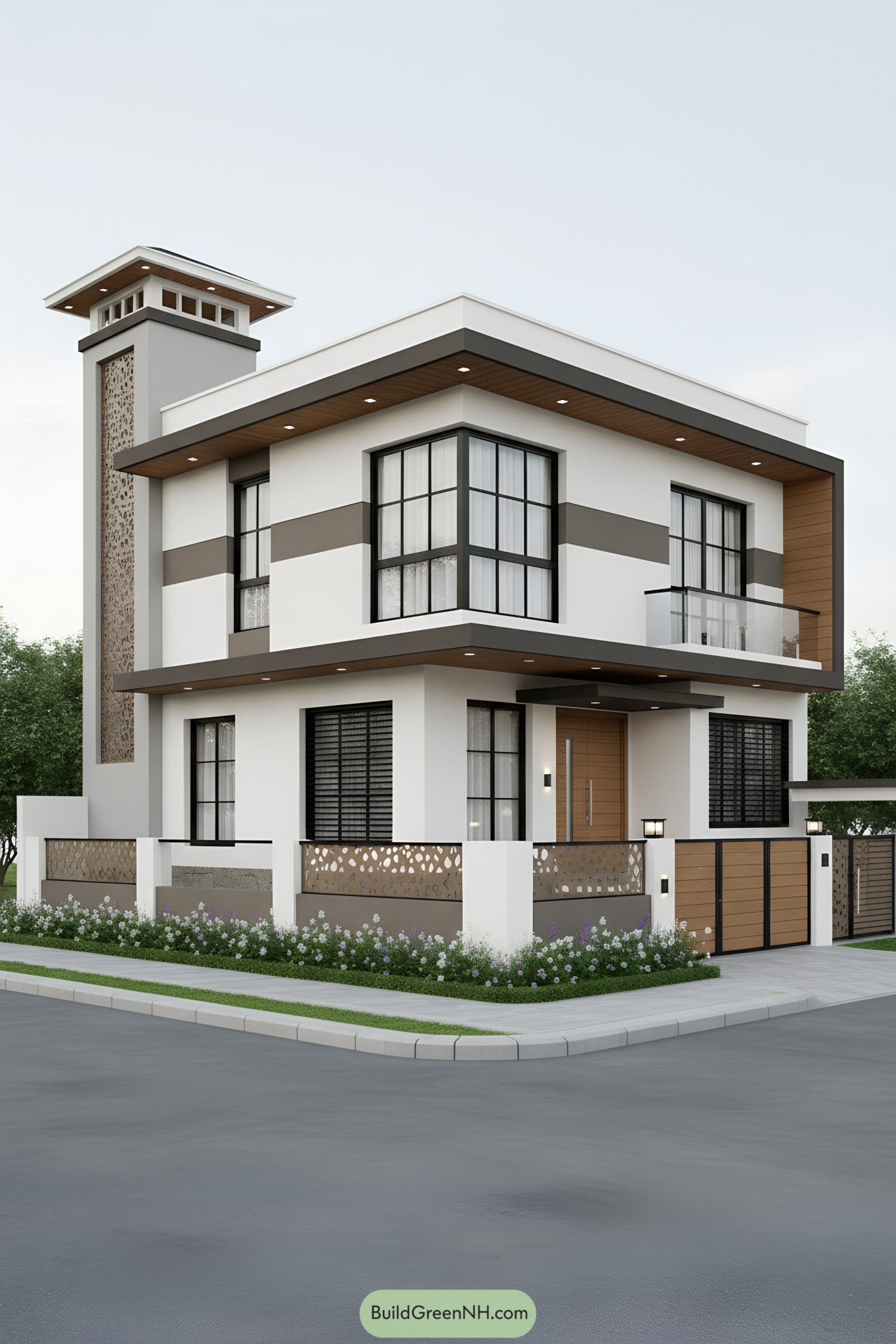 Two-story modern corner house with banded facades, cantilevered balcony, and a perforated screen tower