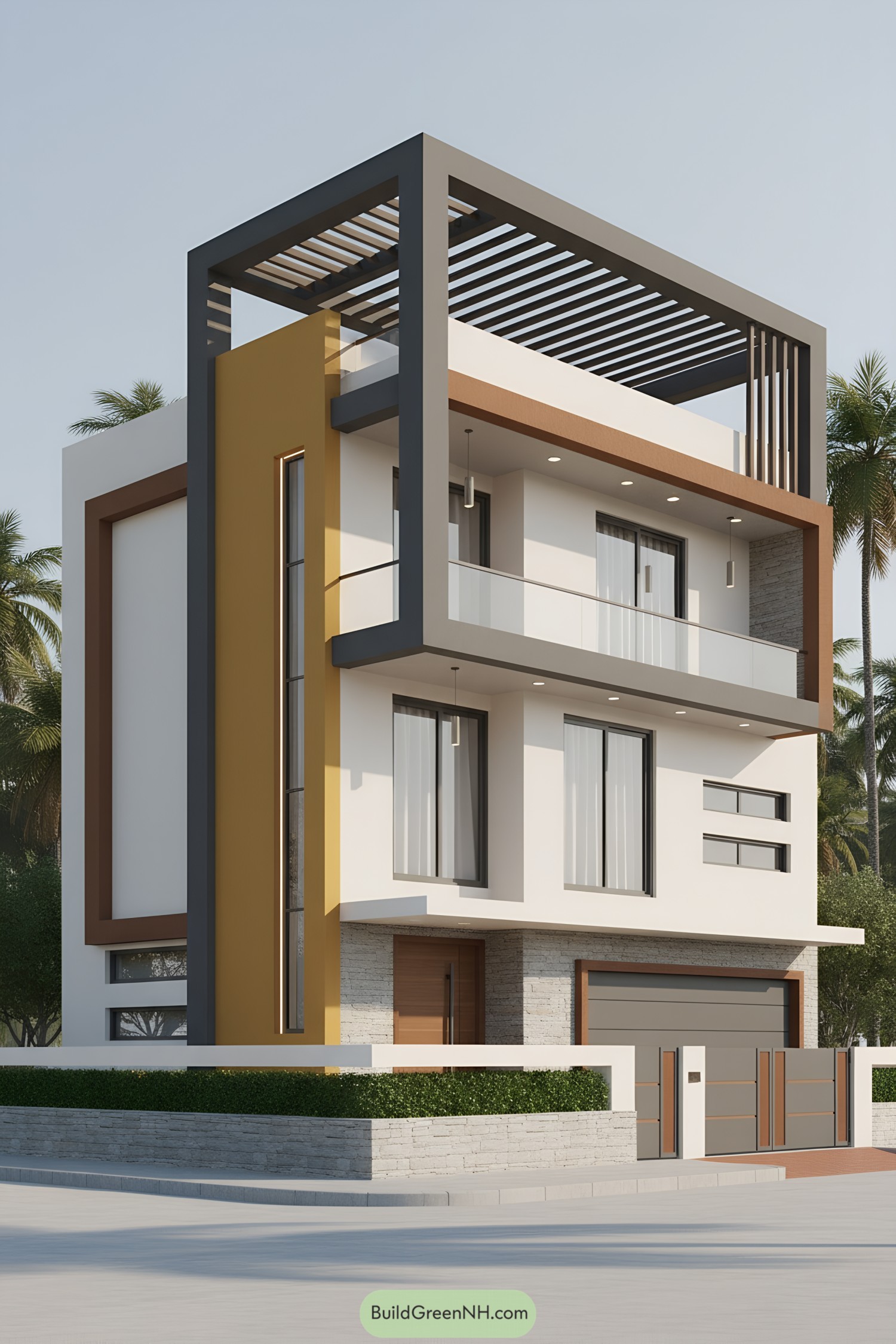 Modern corner house with stacked frames, balconies, and rooftop pergola