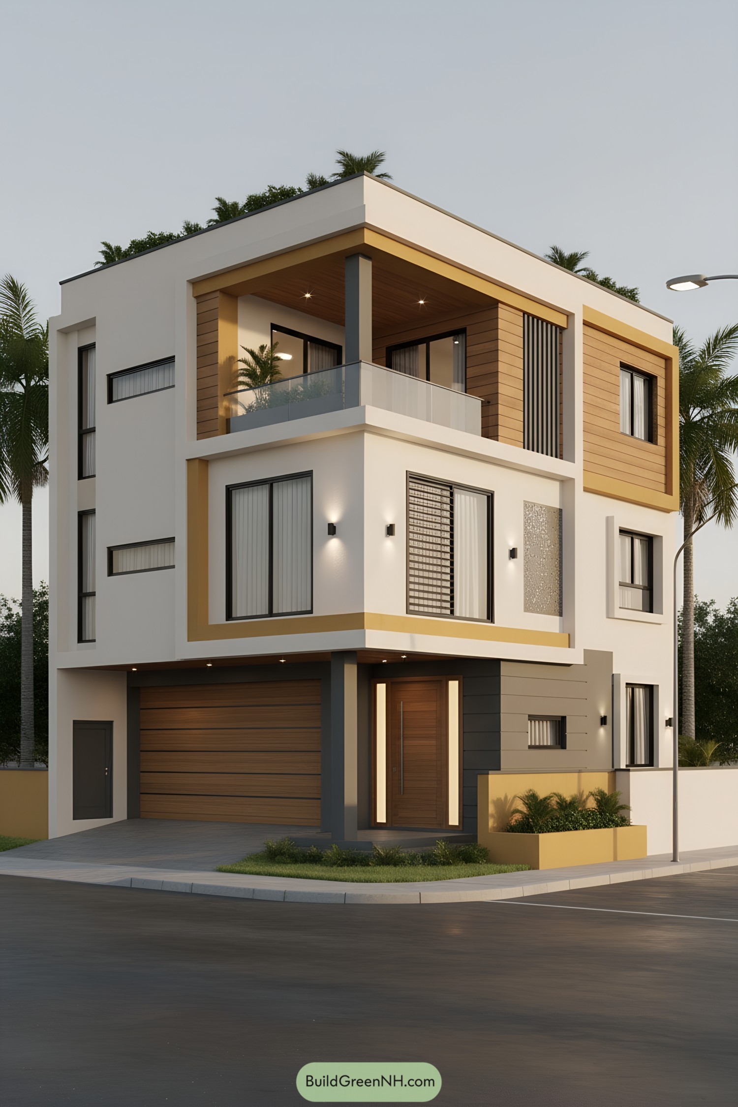 Modern corner house with wood accents and balcony