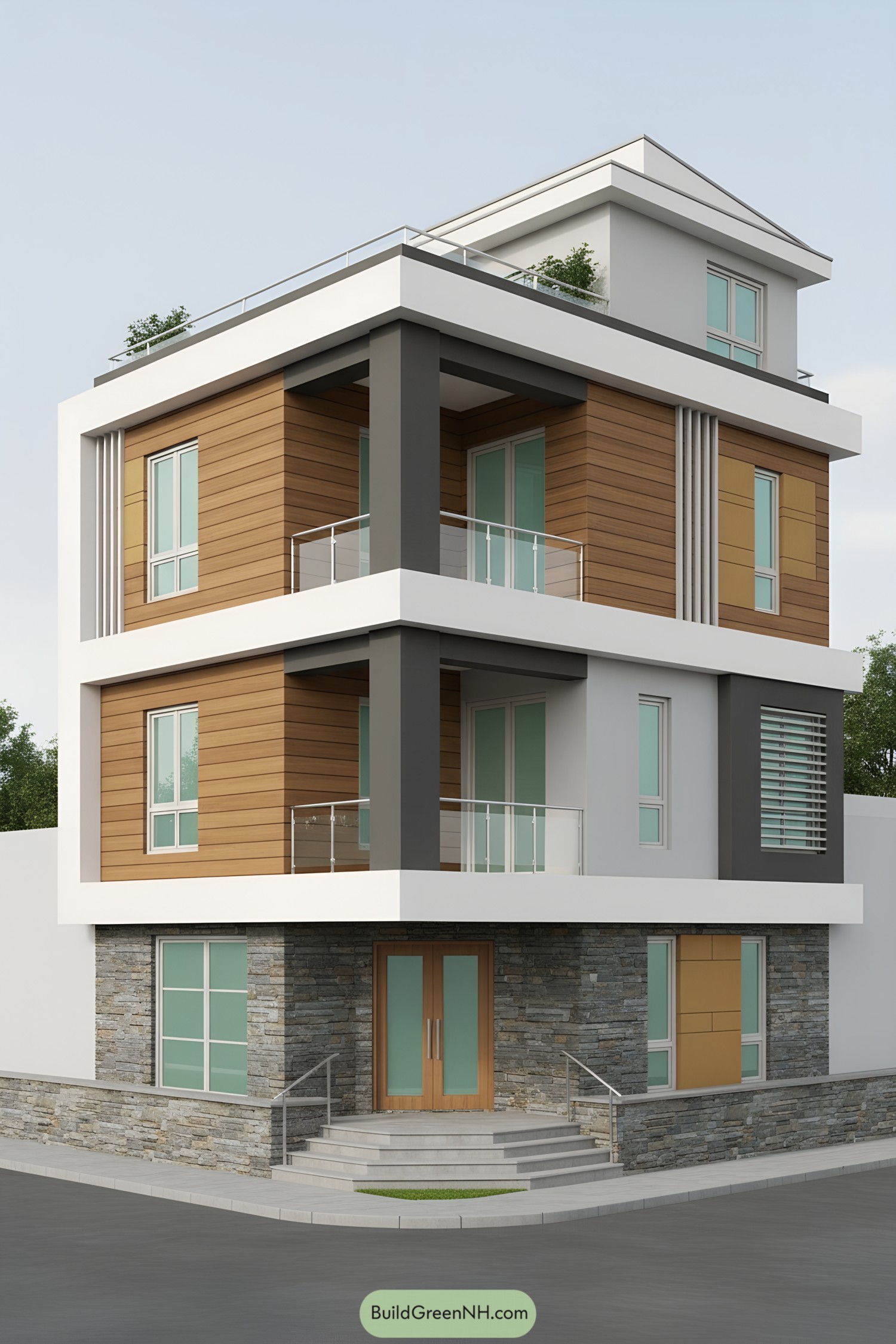 Modern corner house with layered volumes