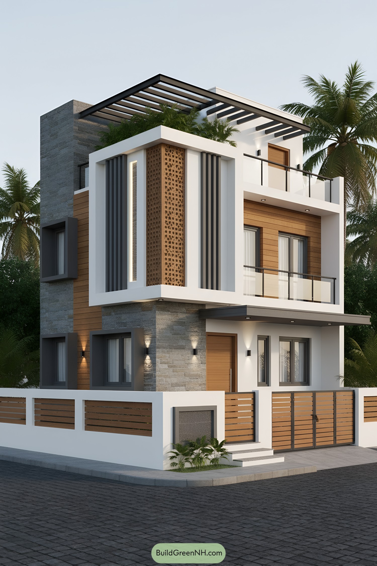 Modern corner house with layered facades, wood accents, and rooftop pergola