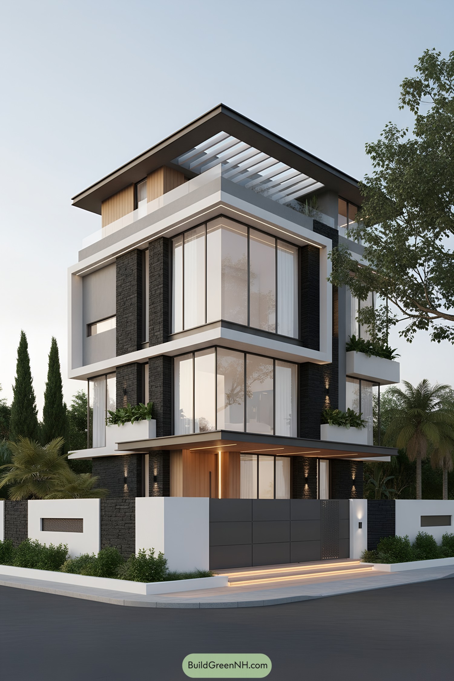 Modern corner house with glass, stone, and pergola