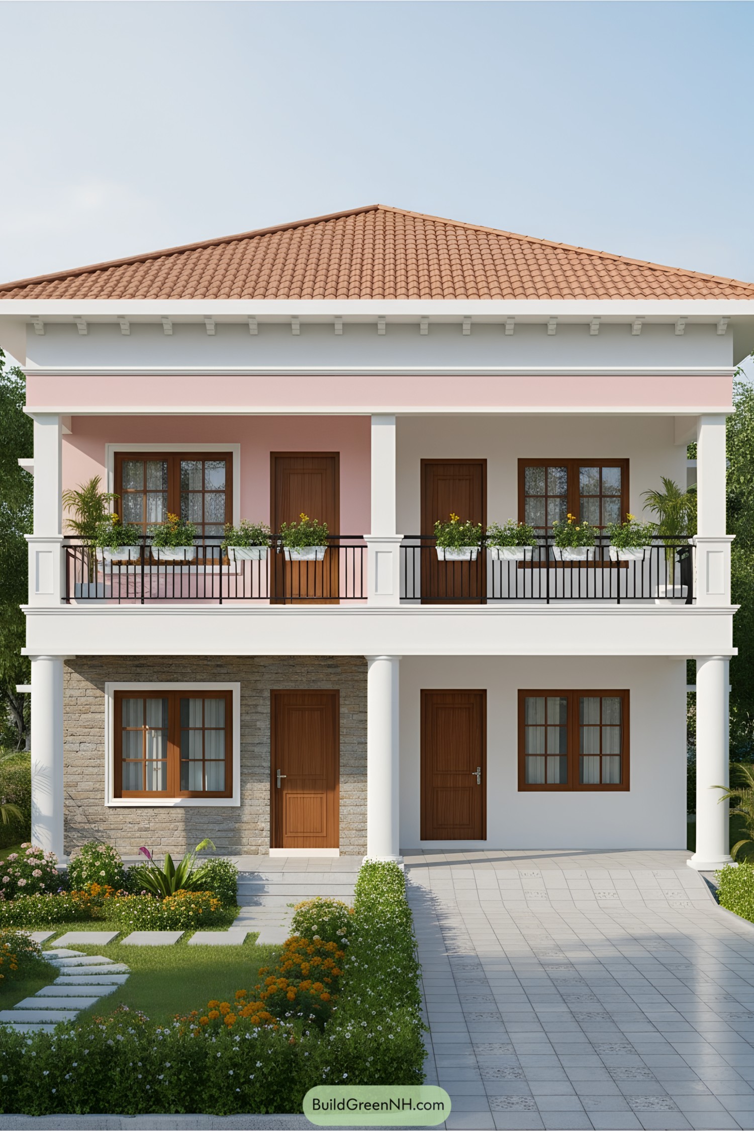 Two-Story Duplex with Pink Accents and Lush Garden