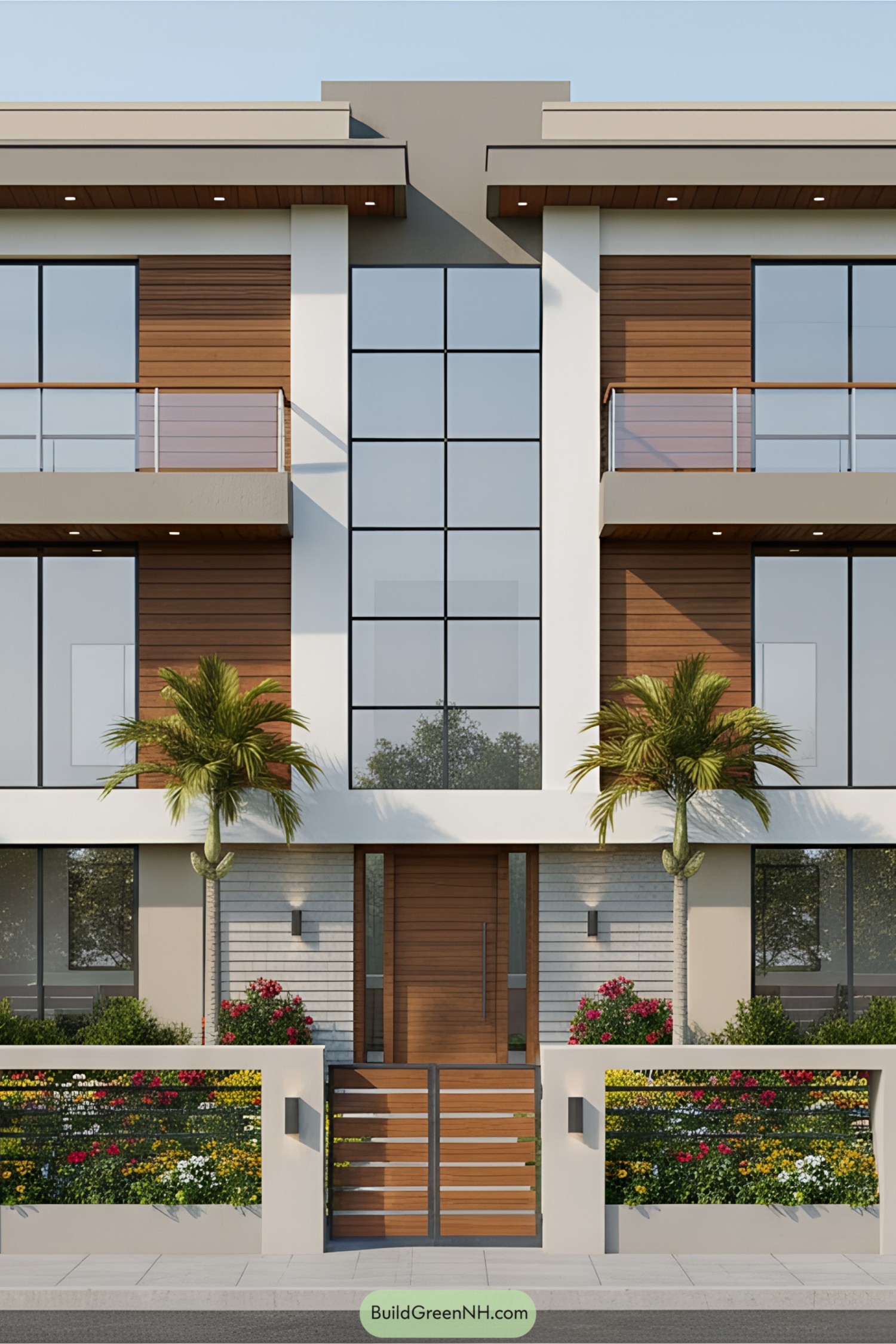 Modern duplex with palm trees and flowers