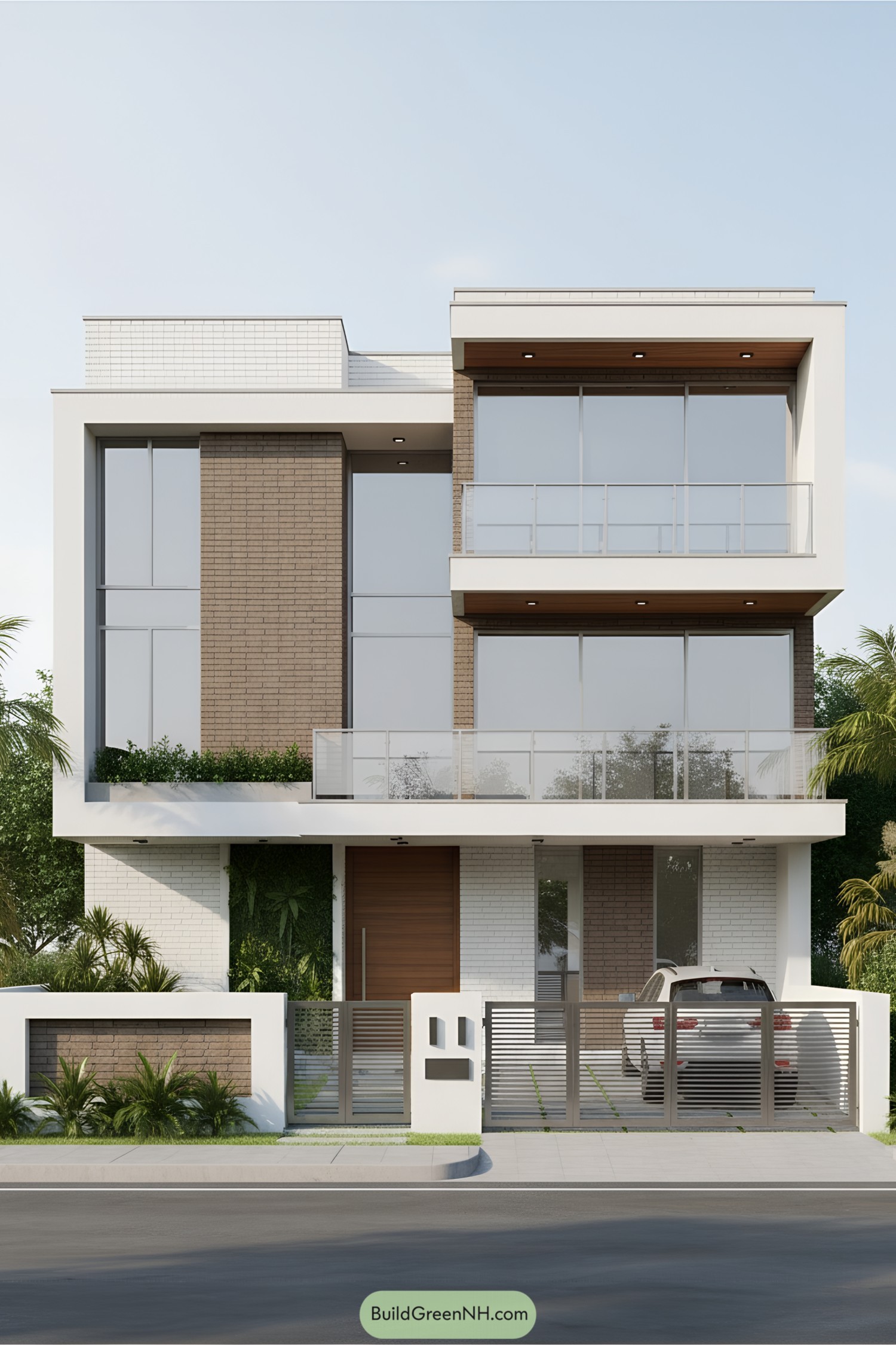 Elegant two-story duplex with glass balconies and a sleek design