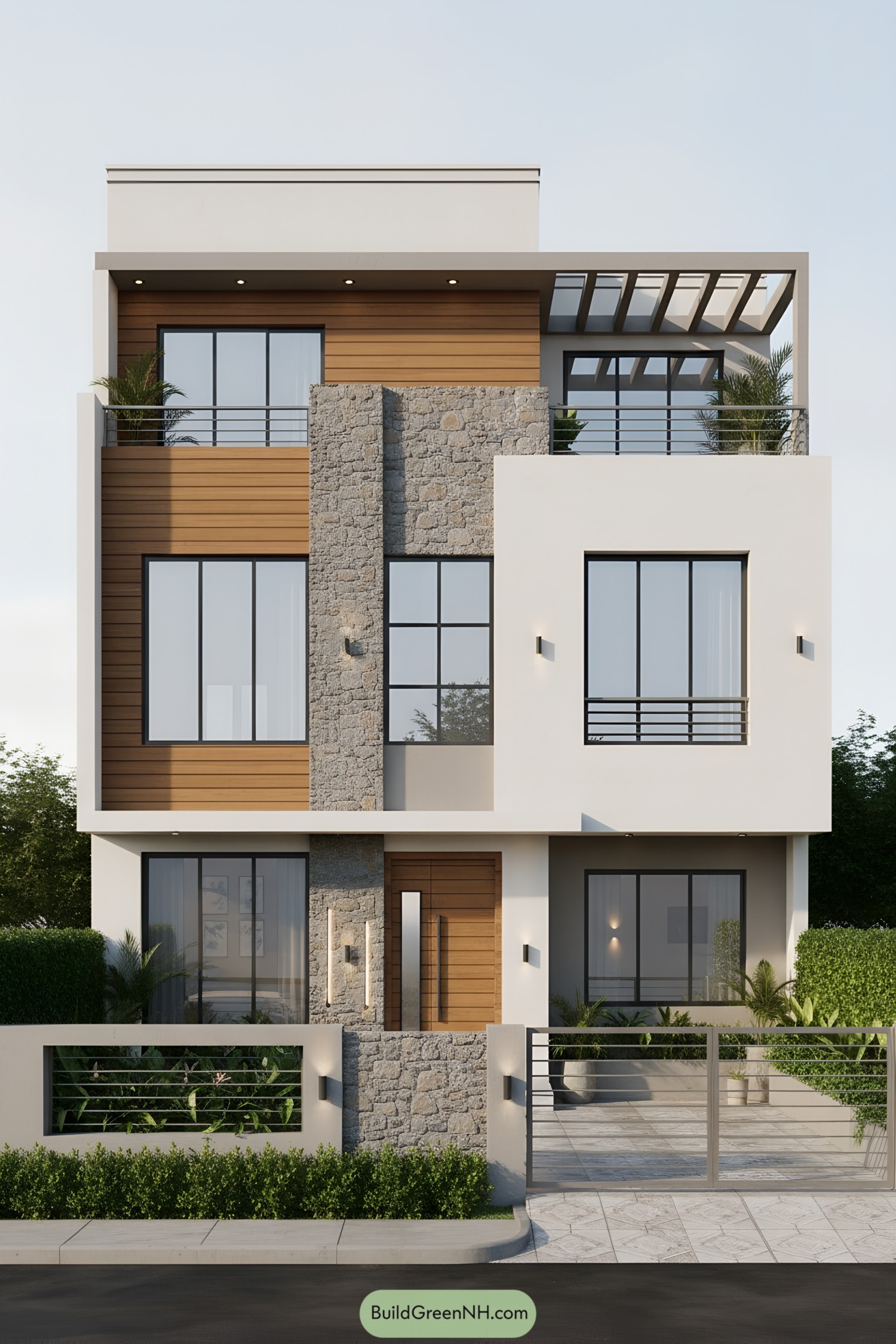 Modern duplex with stone, wood, and large windows