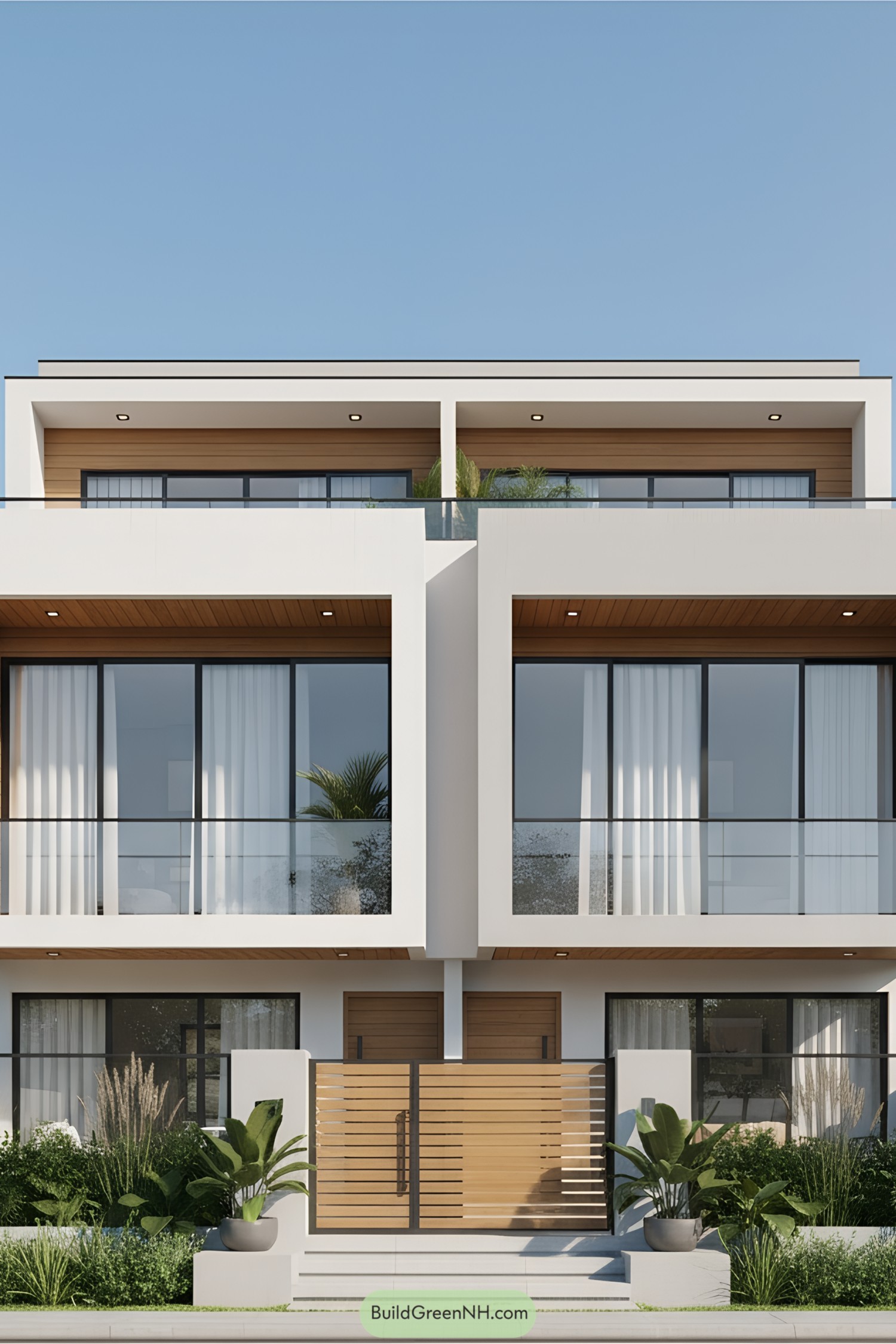 Modern duplex with a sleek facade and glass balconies