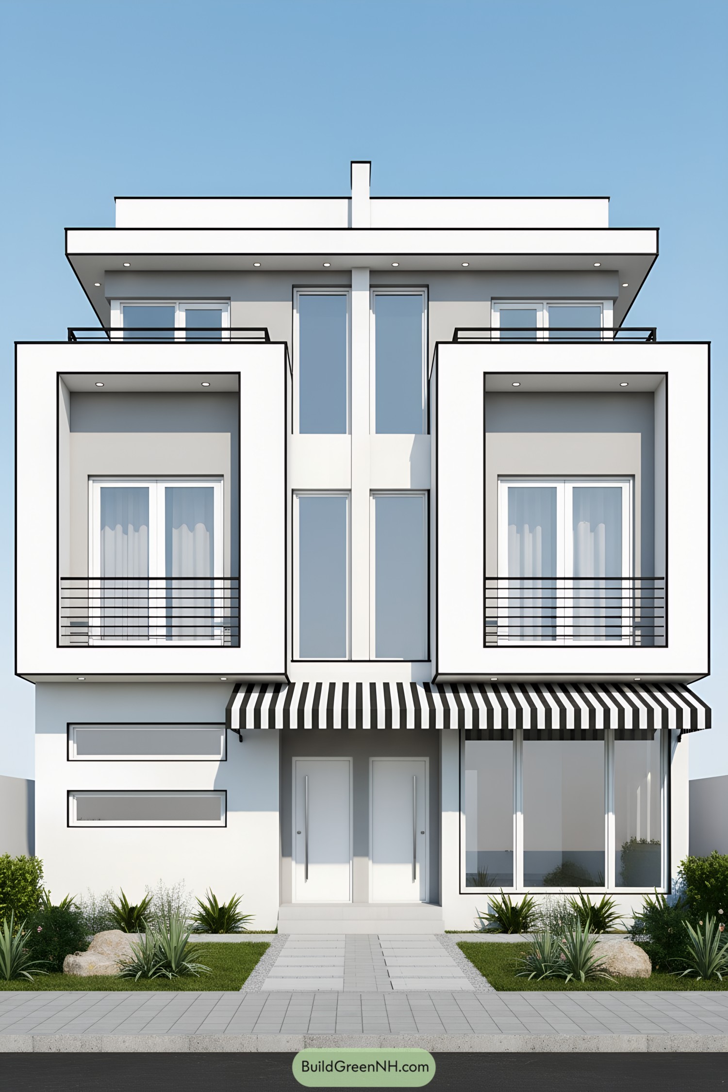 White modern duplex with large windows and striped awning