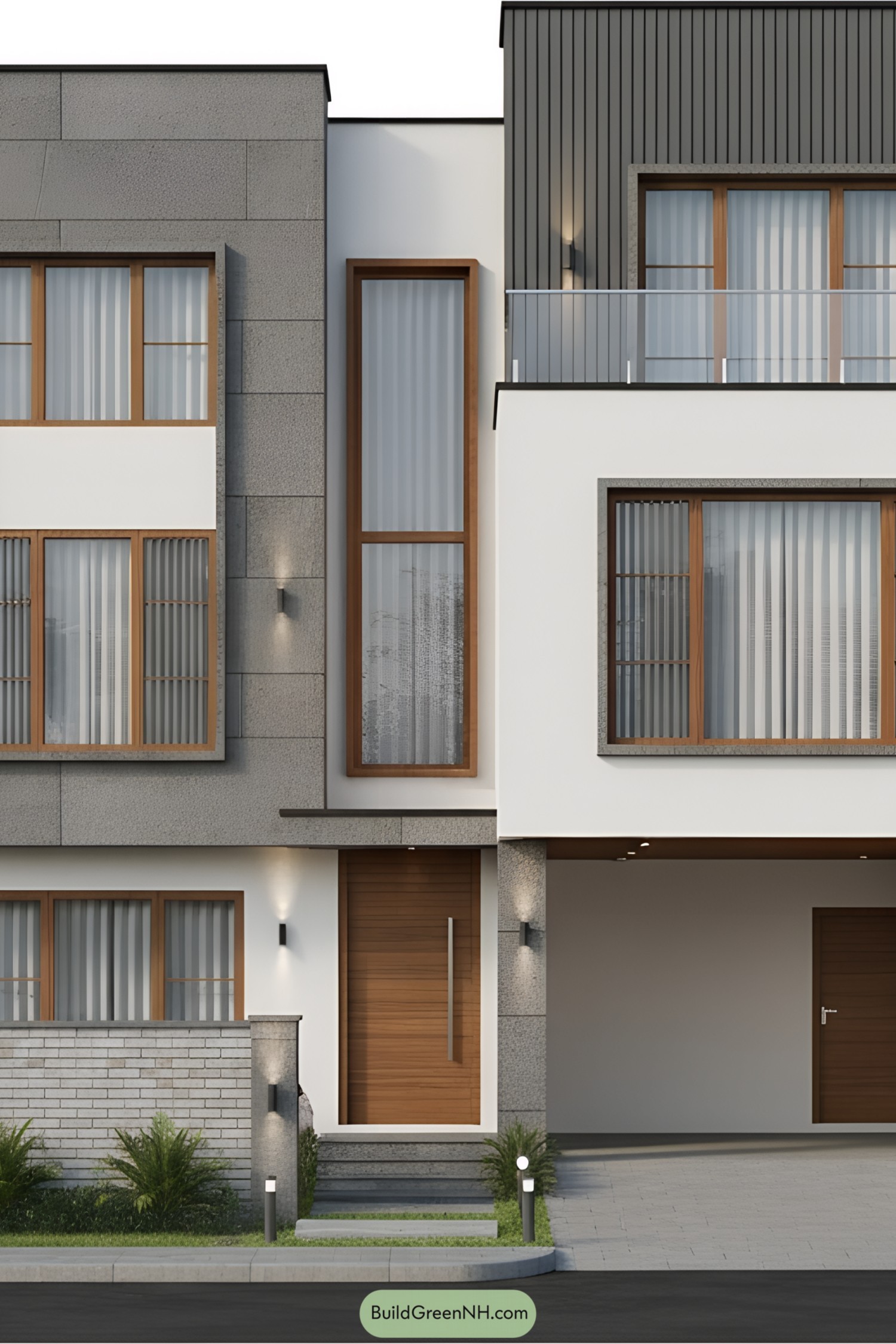 Modern duplex facade with large windows and sleek lines