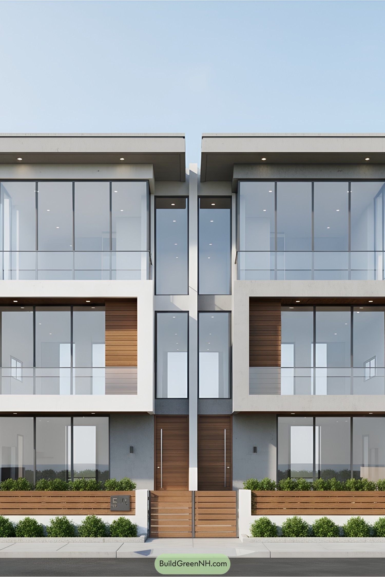 Modern duplex with glass windows and wooden accents